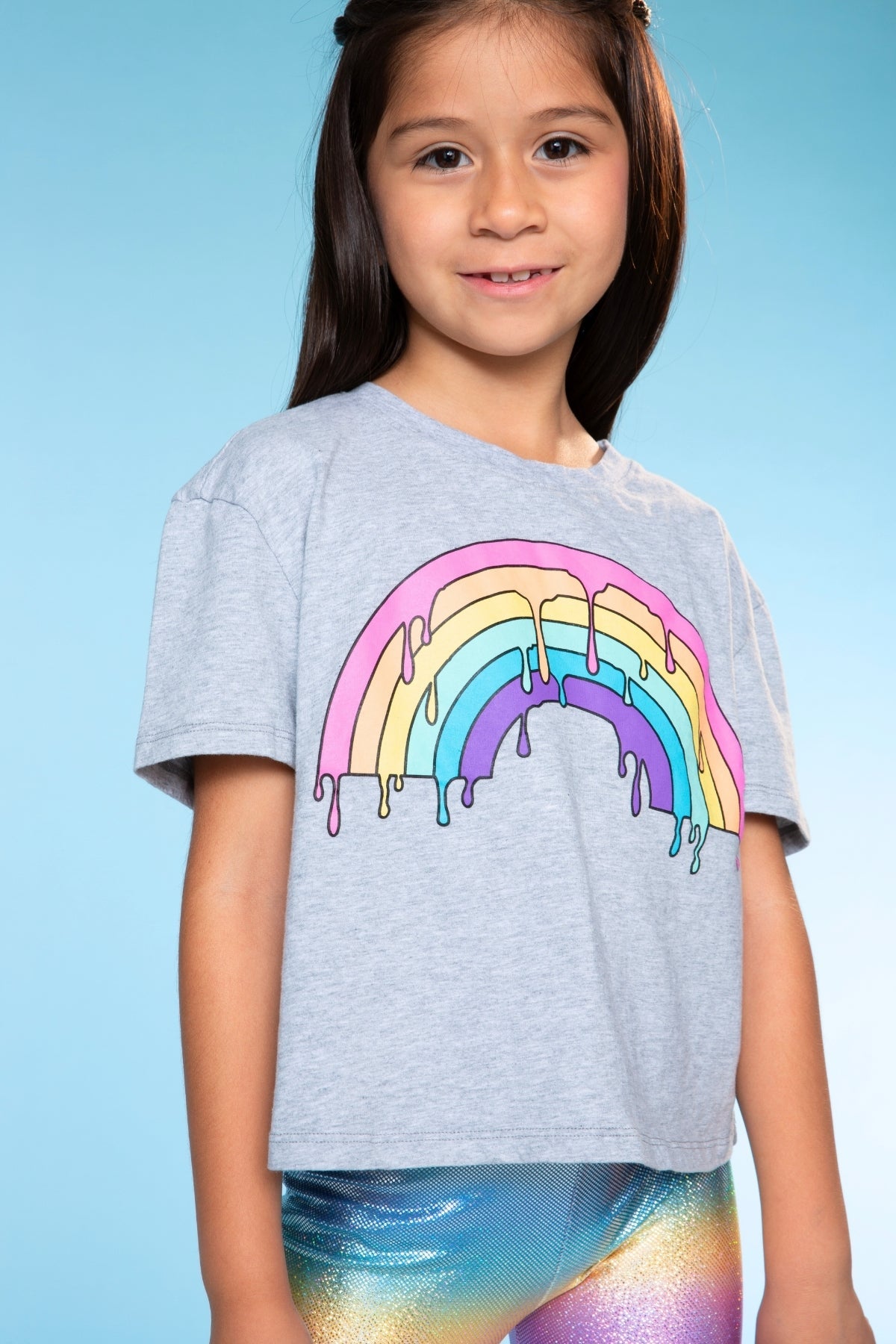 Washed Cotton Drop Shoulder Tee - Heather Grey Rainbow Drip