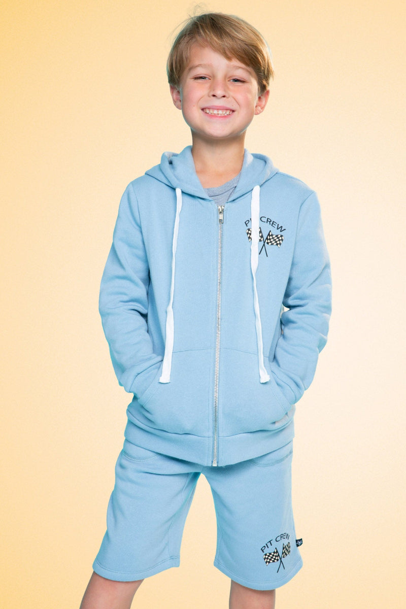 Cotton Soft French Terry Zip Hoodie - Sky Blue Pit Crew