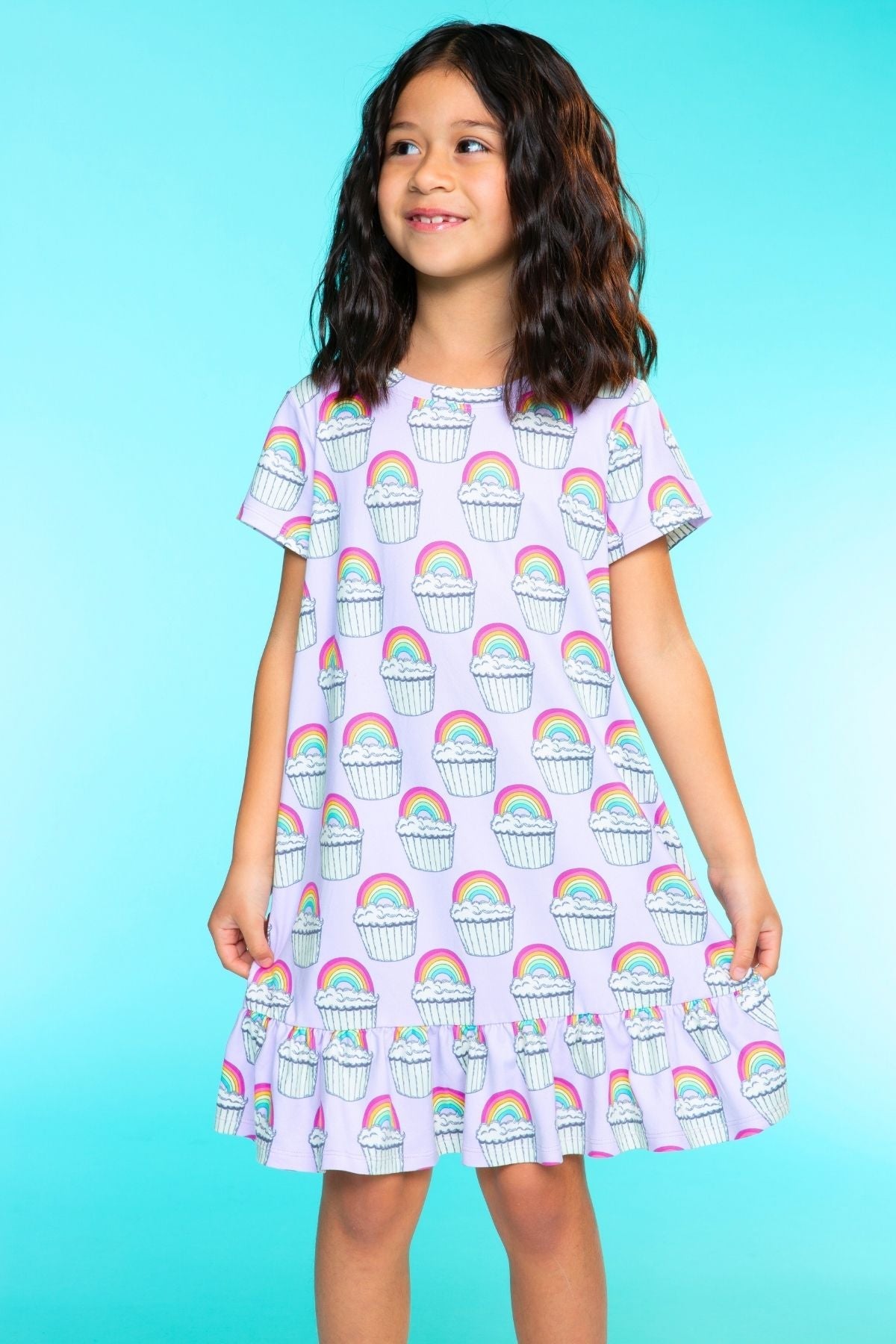 Simply Soft Short Sleeve Ruffle Lounge Dress - Lilac Rainbow Gummy Bear
