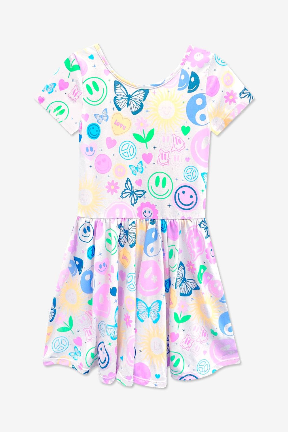 Simply Soft Short Sleeve Scoop Back Be Happy Dress - Neon Pink Sketch Emoji - NEW!