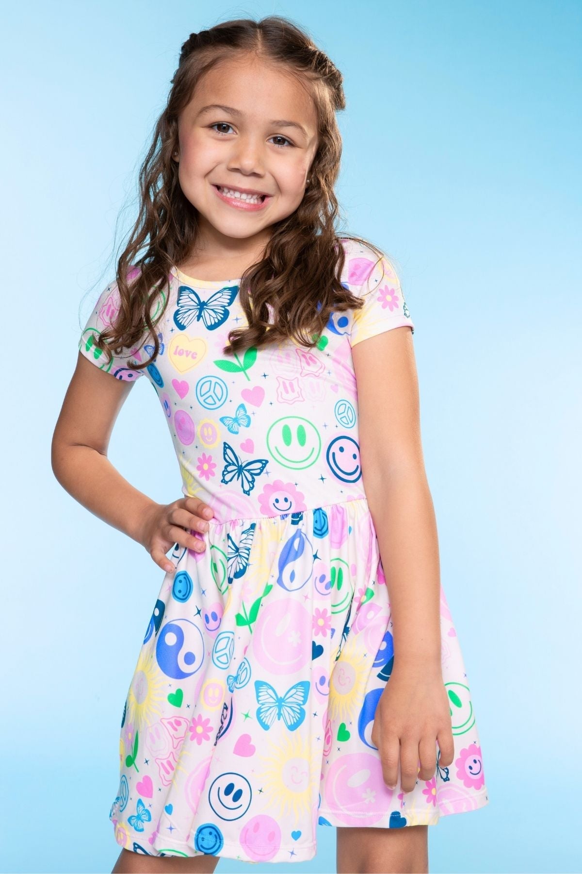 Simply Soft Short Sleeve Scoop Back Be Happy Dress - Neon Pink Sketch Emoji - NEW!