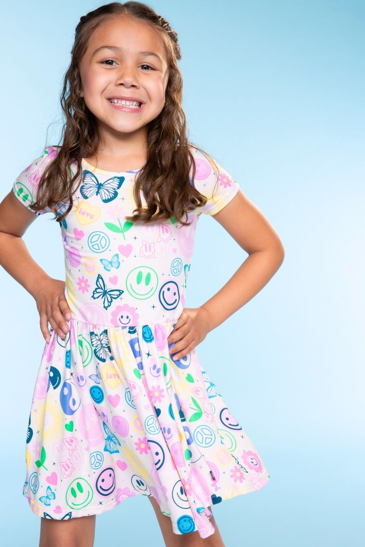 Simply Soft Short Sleeve Scoop Back Be Happy Dress - Neon Pink Sketch Emoji - NEW!