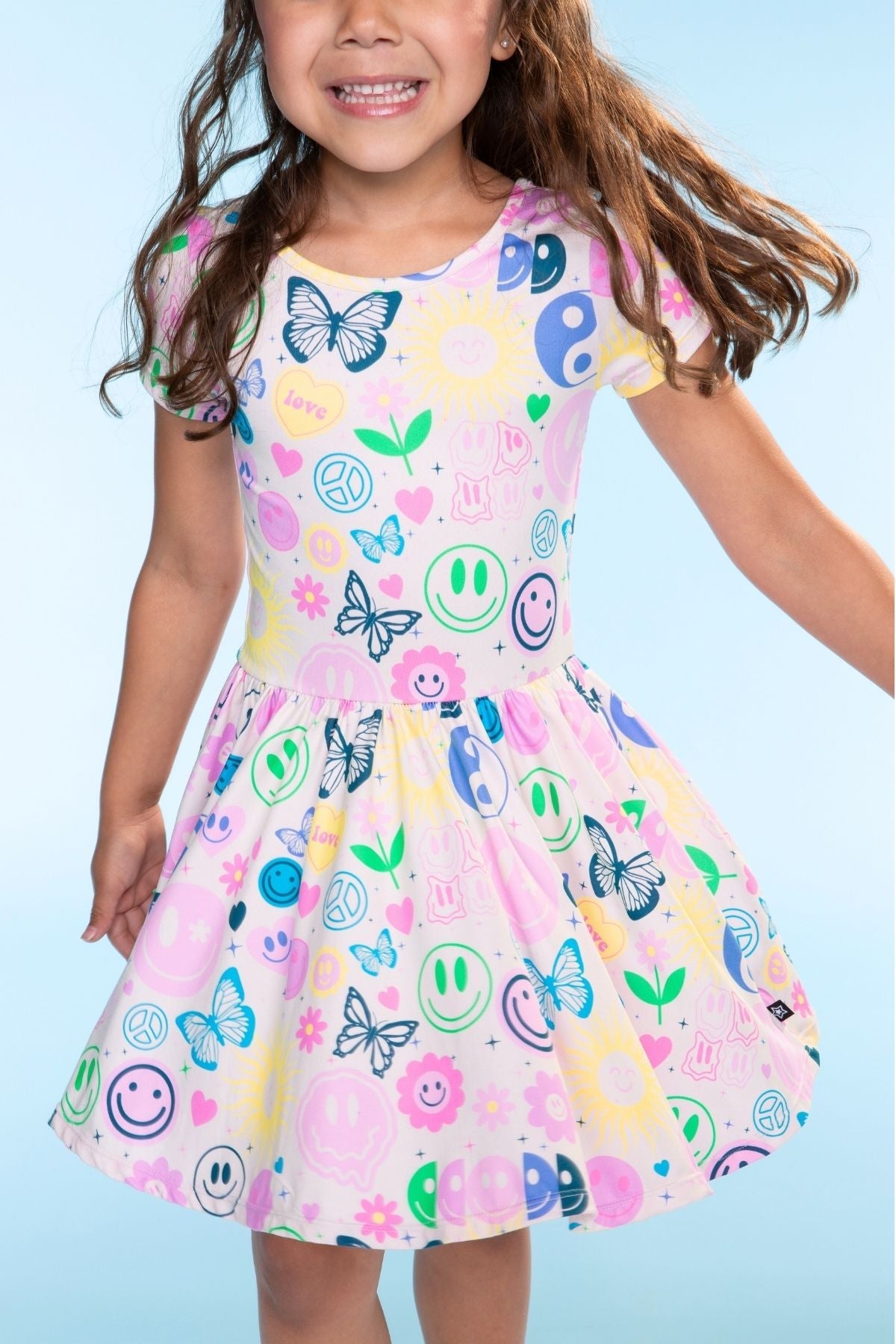 Simply Soft Short Sleeve Scoop Back Be Happy Dress - Neon Pink Sketch Emoji - NEW!