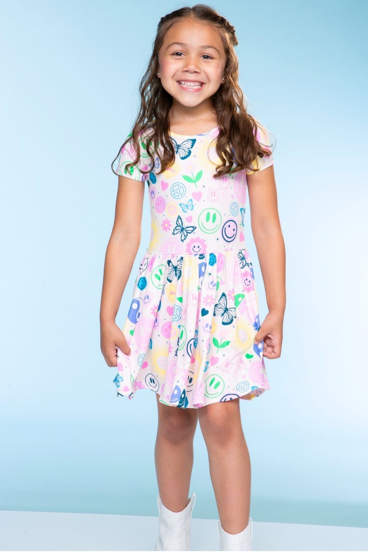 Simply Soft Short Sleeve Scoop Back Be Happy Dress - Neon Pink Sketch Emoji - NEW!