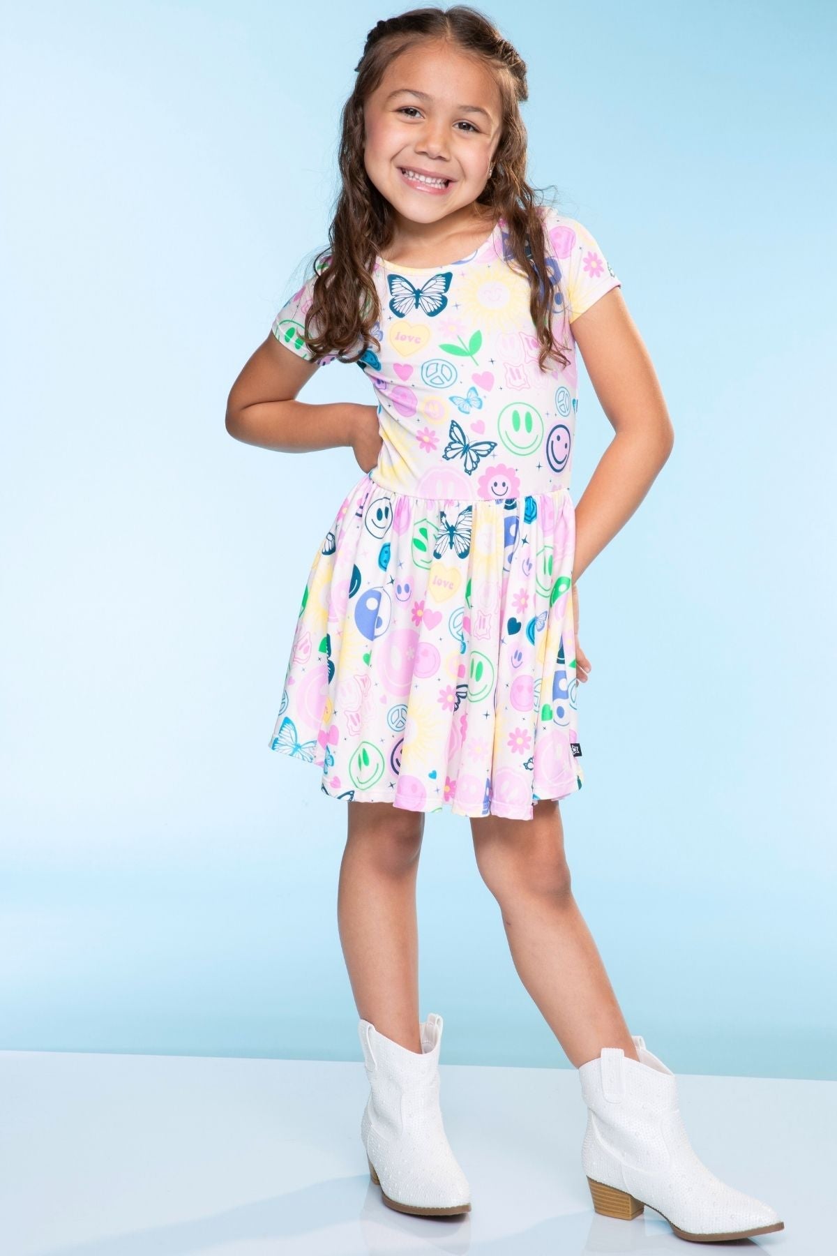 Simply Soft Short Sleeve Scoop Back Be Happy Dress - Neon Pink Sketch Emoji - NEW!