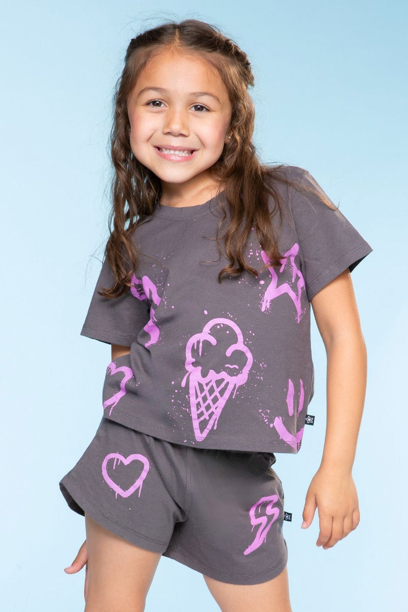 Washed Cotton Easy Tee & Dolphin Short Set - Charcoal Pink Icons
