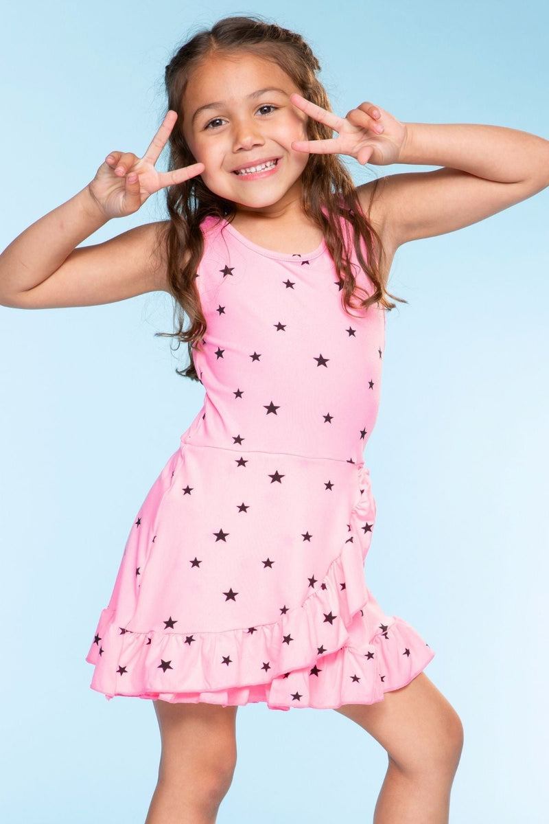 Simply Soft Tank Ruffle Flounce Dress - Neon Pink Stars