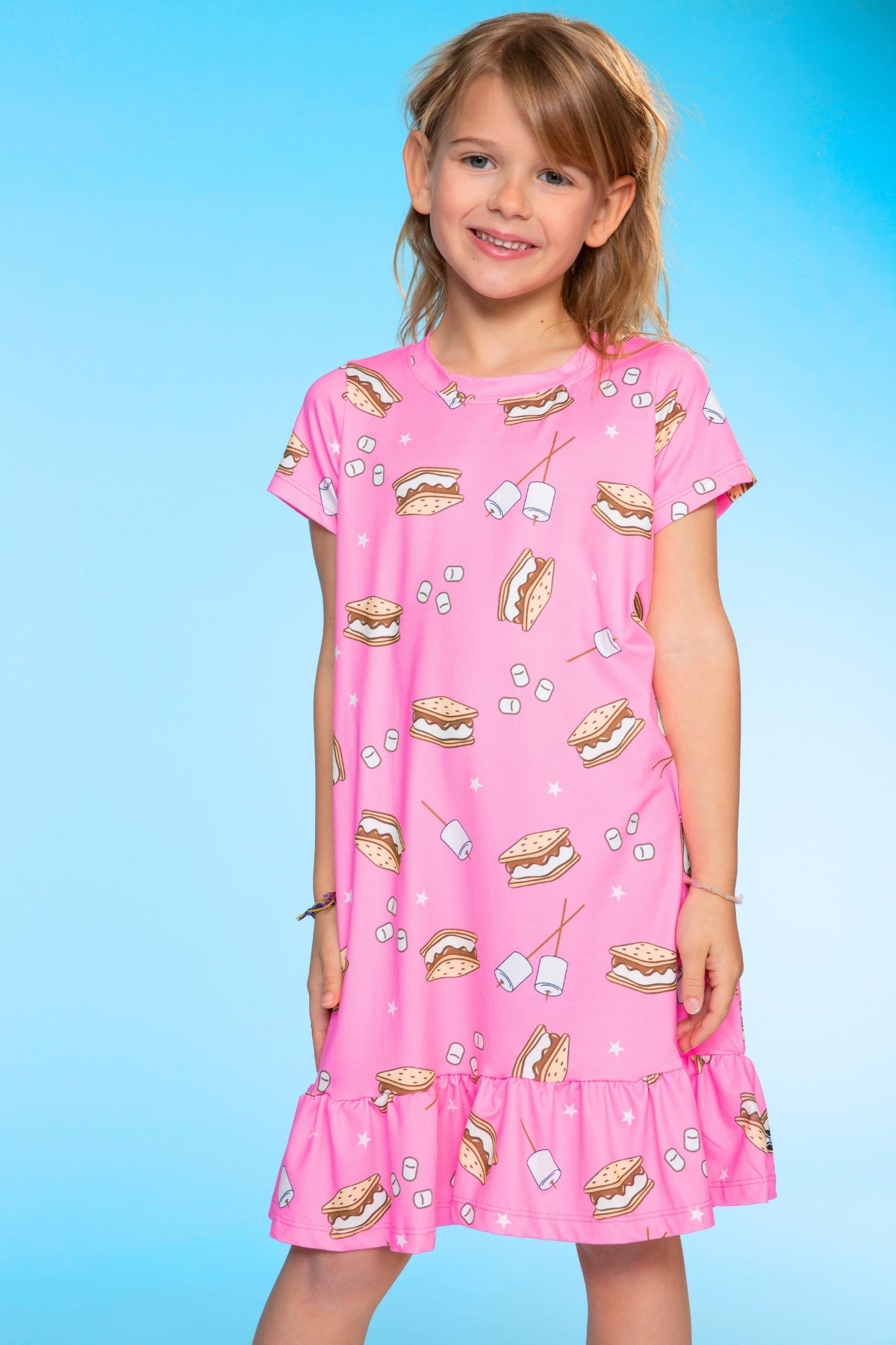 Simply Soft Short Sleeve Ruffle Lounge Dress - Lilac Rainbow Gummy Bear