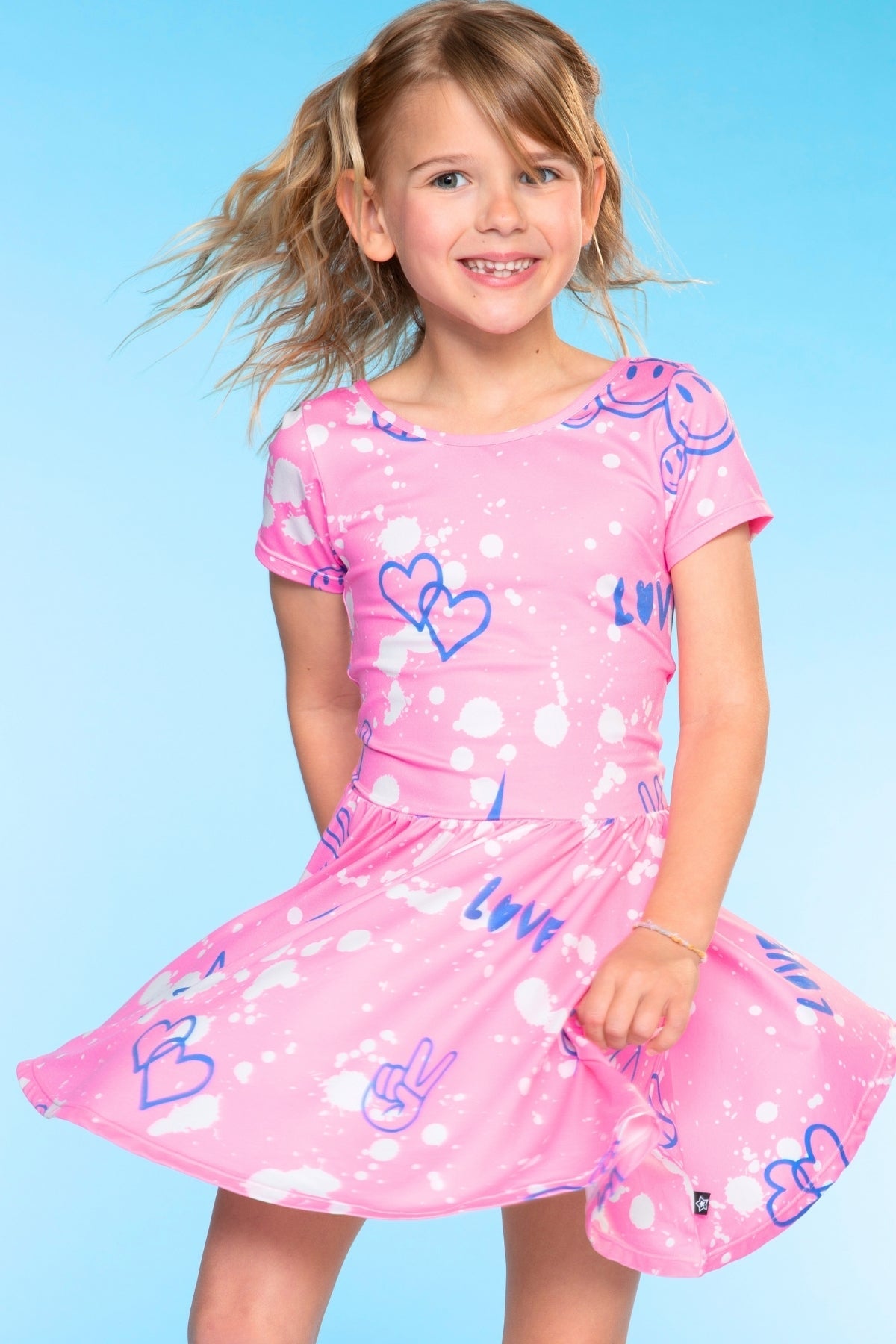 Simply Soft Short Sleeve Scoop Back Be Happy Dress - Neon Pink Sketch Emoji - NEW!
