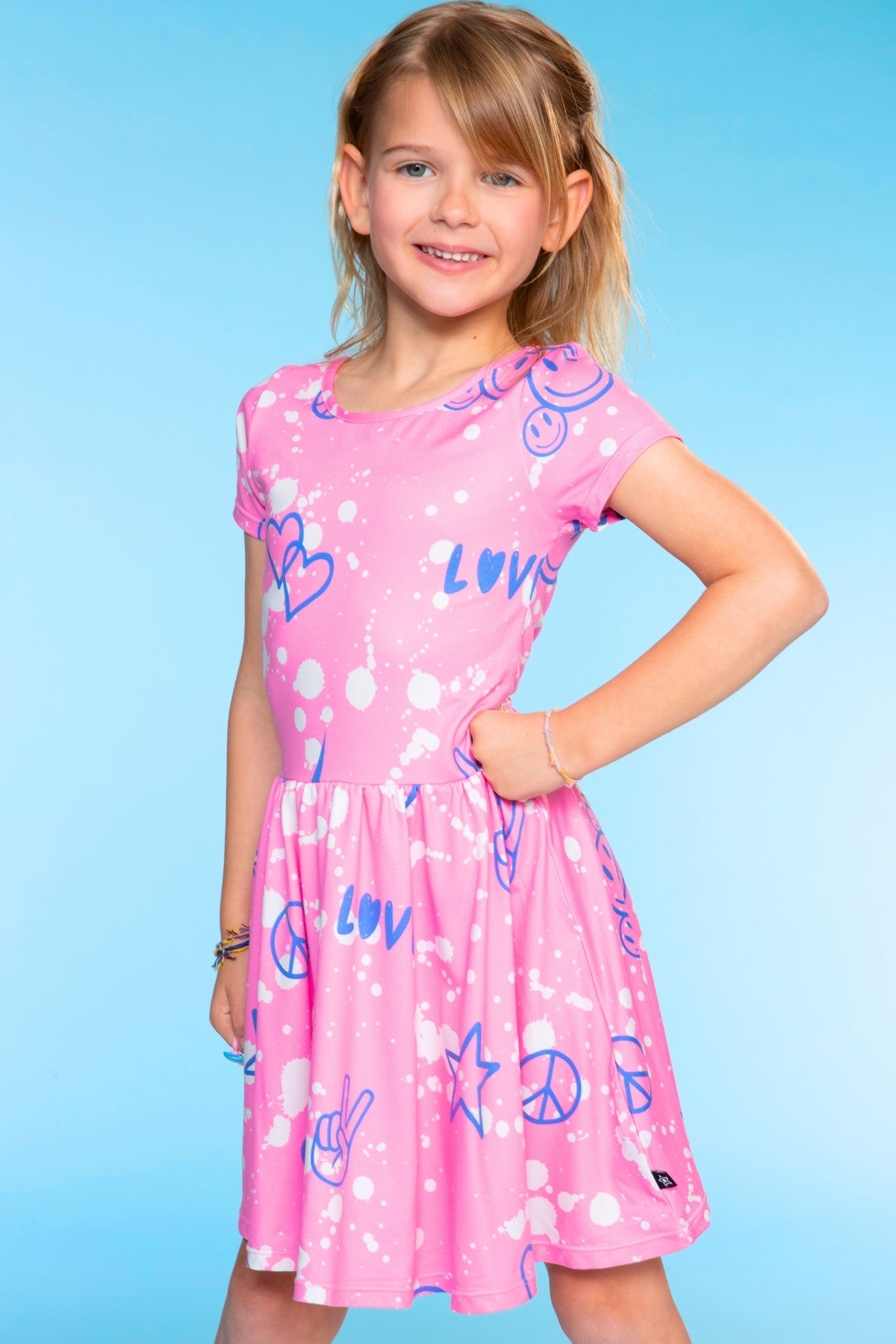 Simply Soft Short Sleeve Scoop Back Be Happy Dress - Neon Pink Sketch Emoji - NEW!