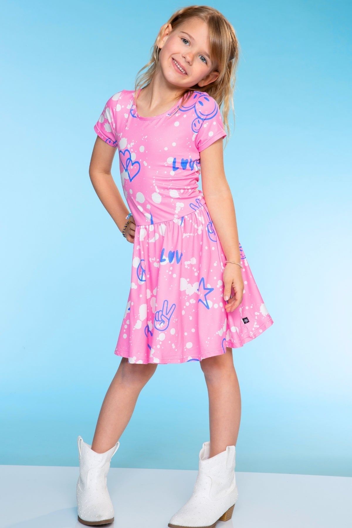 Simply Soft Short Sleeve Scoop Back Be Happy Dress - Neon Pink Sketch Emoji - NEW!