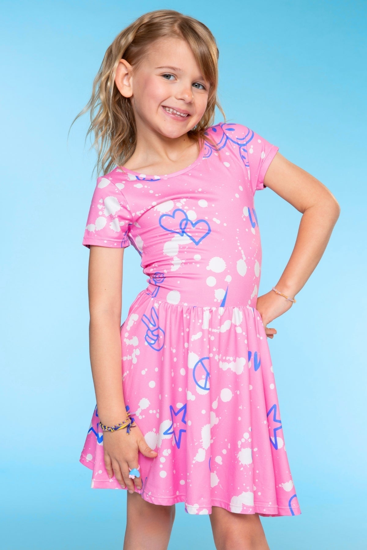 Simply Soft Short Sleeve Scoop Back Be Happy Dress - Neon Pink Sketch Emoji - NEW!