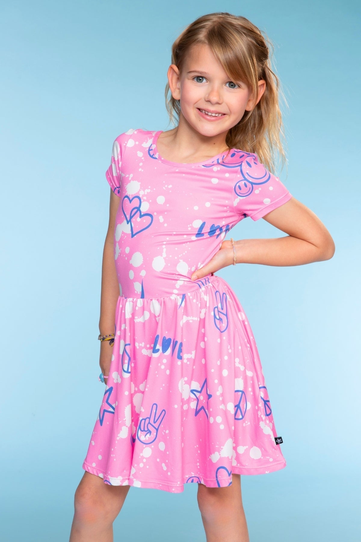 Simply Soft Short Sleeve Scoop Back Be Happy Dress - Neon Pink Sketch Emoji - NEW!