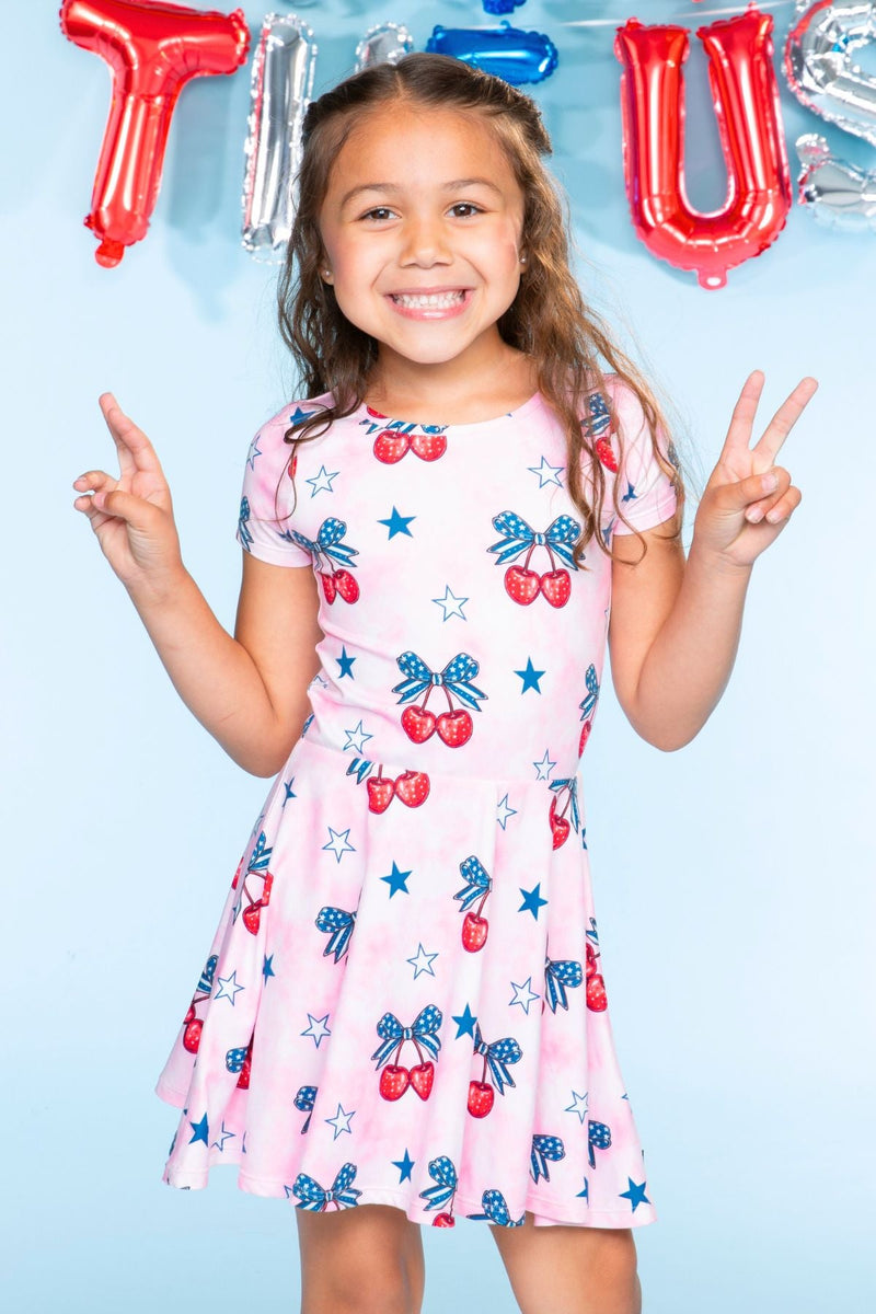 Simply Soft Short Sleeve Scoop Back Be Happy Dress - Pink Tie Dye Cherry Bow - NEW!