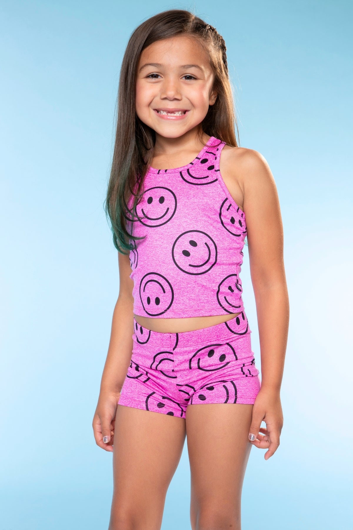 3-Pack Simply Soft Luxe Cropped Racerback Tank & Tumble Short - Light Blue Smile Star | Neon Pink Rainbow Heart | Steel Black Peace Heart
