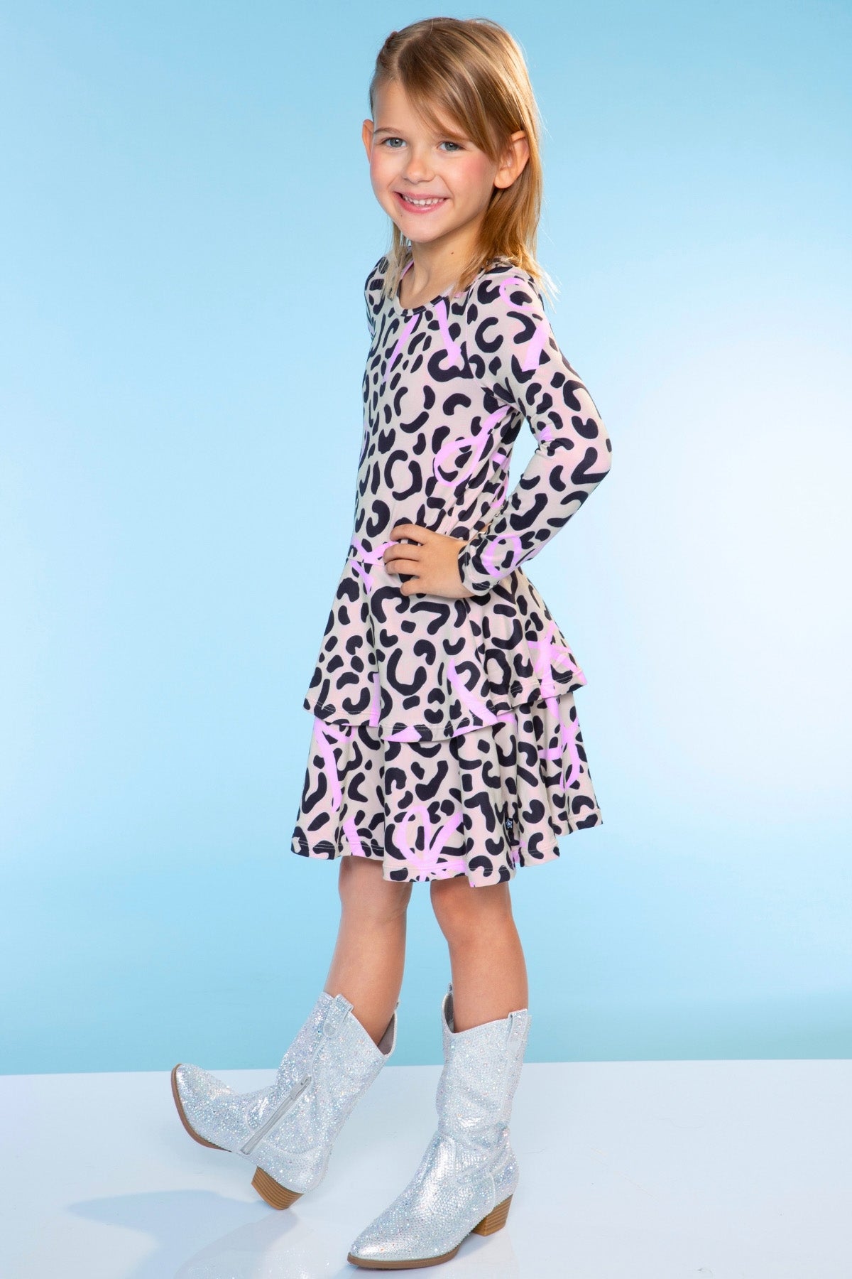 Simply Soft Long Sleeve Ruffle Skirt Dress - Pink Grey Tie Dye Stars