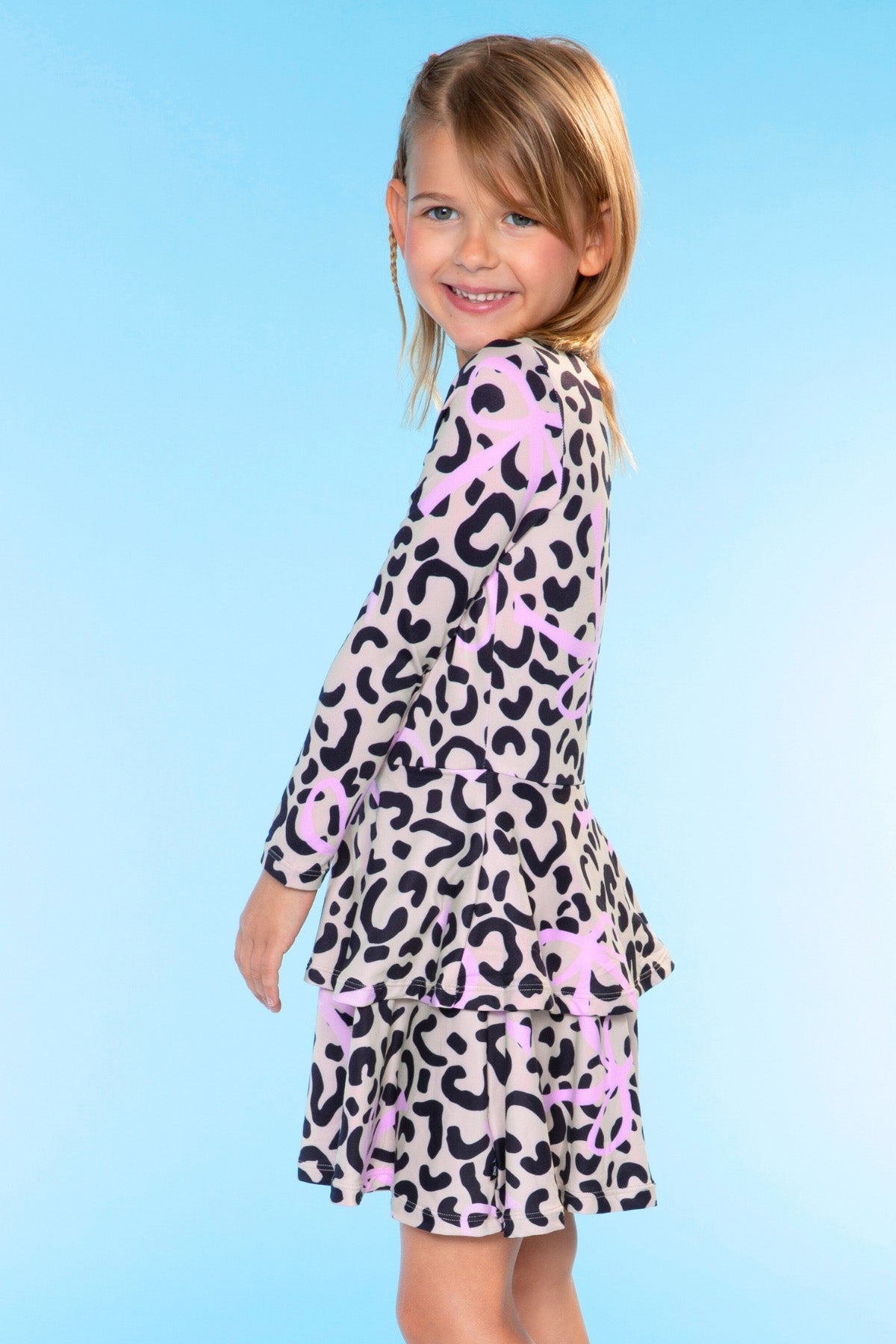 Simply Soft Long Sleeve Ruffle Skirt Dress - Pink Grey Tie Dye Stars