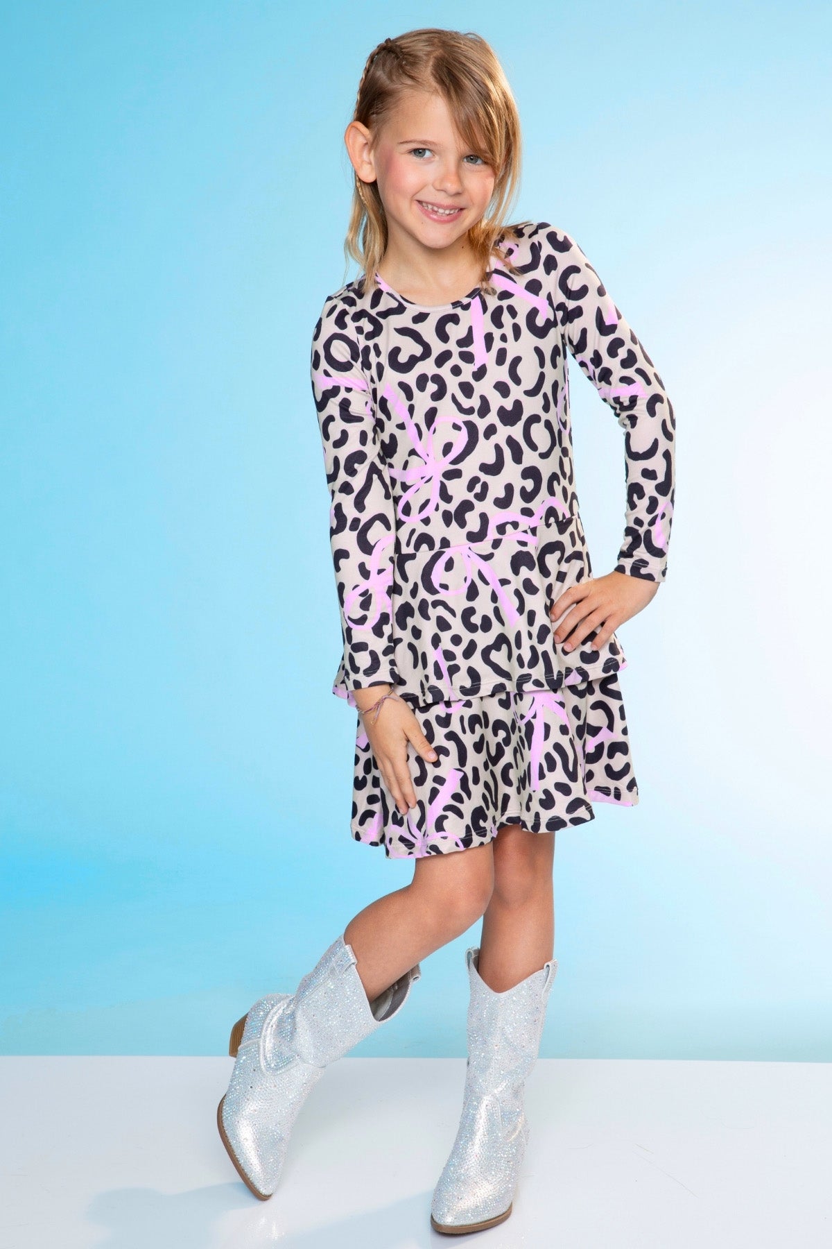 Simply Soft Long Sleeve Ruffle Skirt Dress - Pink Grey Tie Dye Stars