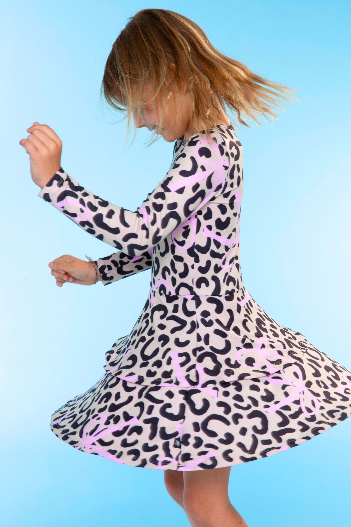 Simply Soft Long Sleeve Ruffle Skirt Dress - Pink Grey Tie Dye Stars