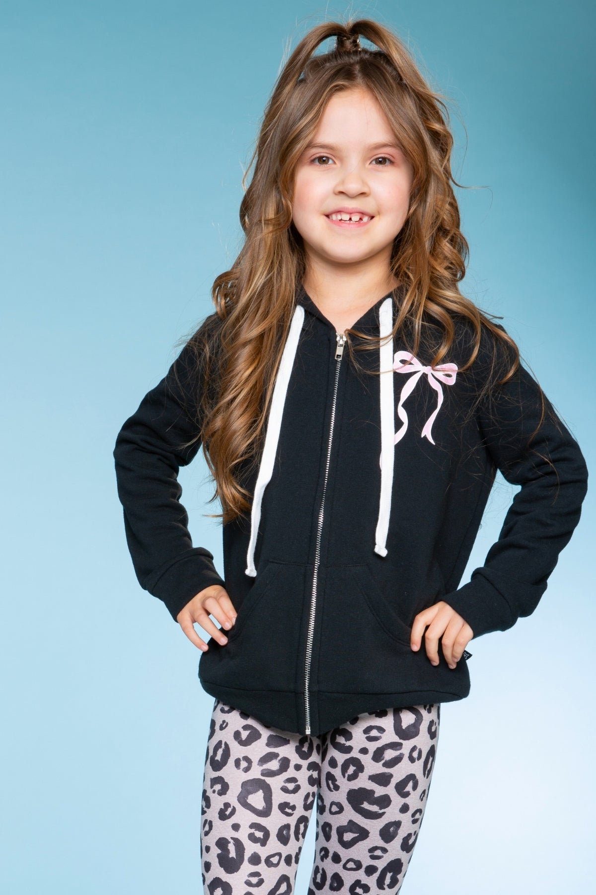 Cotton Soft French Terry Easy Zip Hoodie - Latte Leopard Bow
