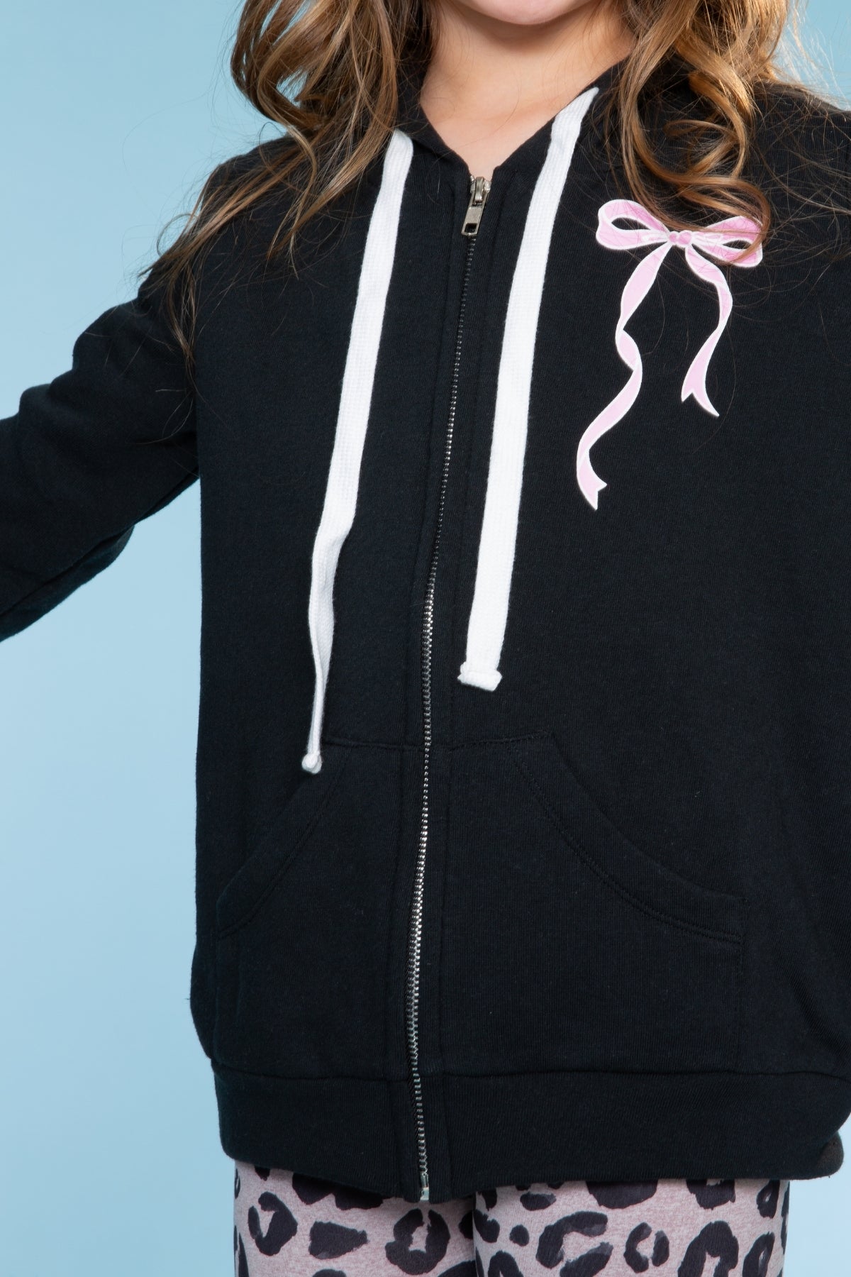 Cotton Soft French Terry Easy Zip Hoodie - Latte Leopard Bow
