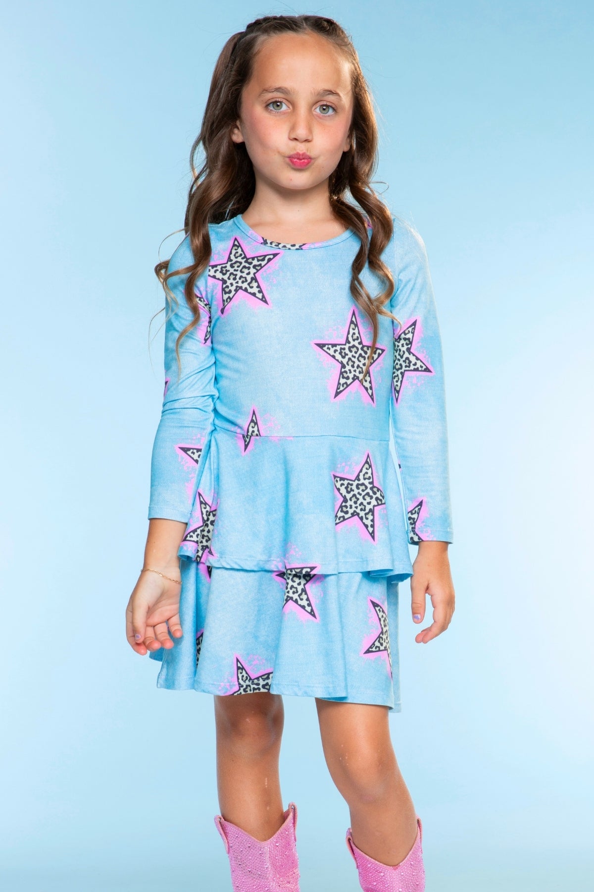 Simply Soft Long Sleeve Ruffle Skirt Dress - Pink Grey Tie Dye Stars