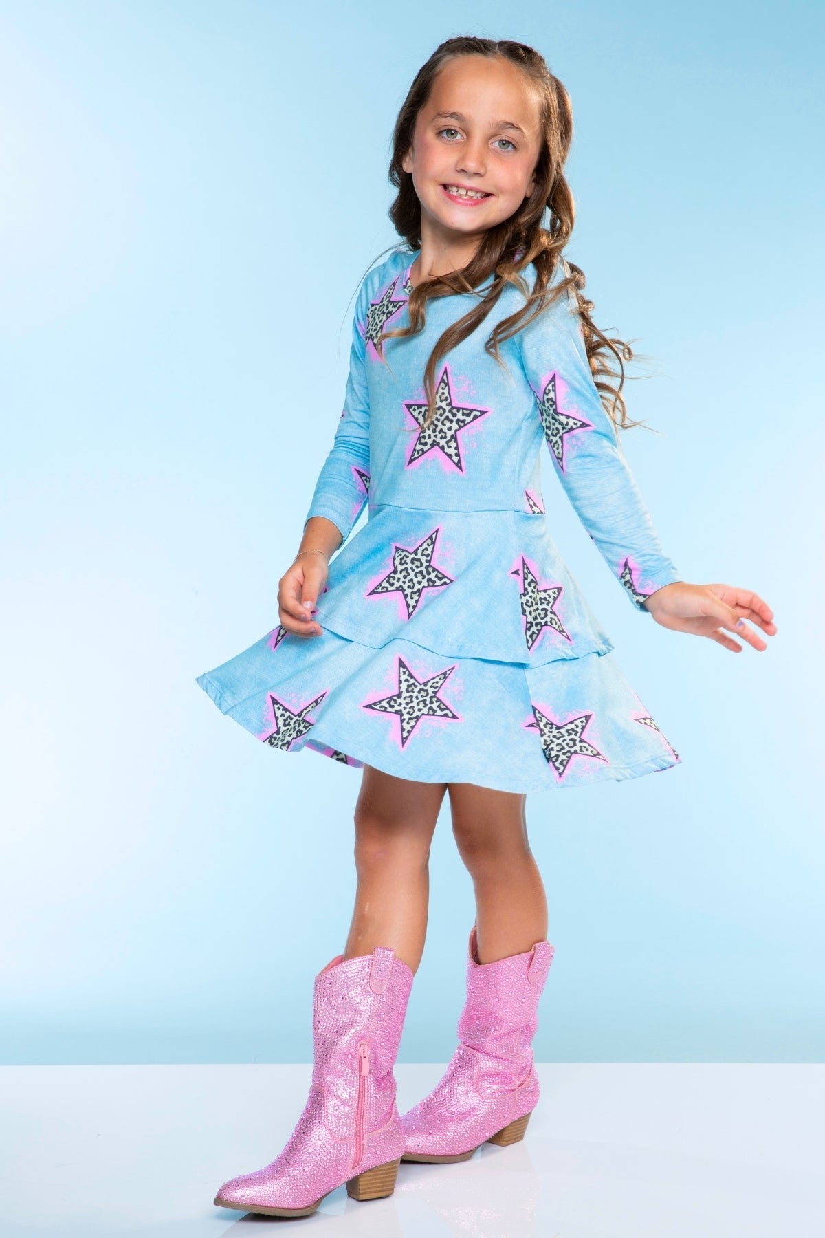 Simply Soft Long Sleeve Ruffle Skirt Dress - Pink Grey Tie Dye Stars
