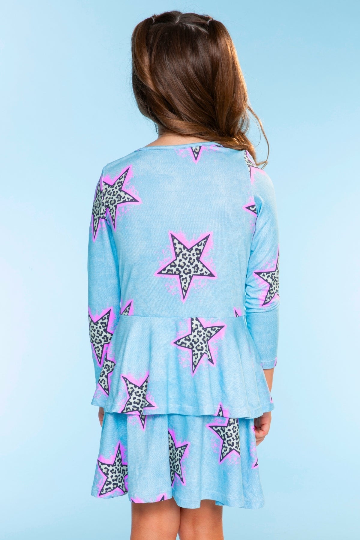 Simply Soft Long Sleeve Ruffle Skirt Dress - Pink Grey Tie Dye Stars