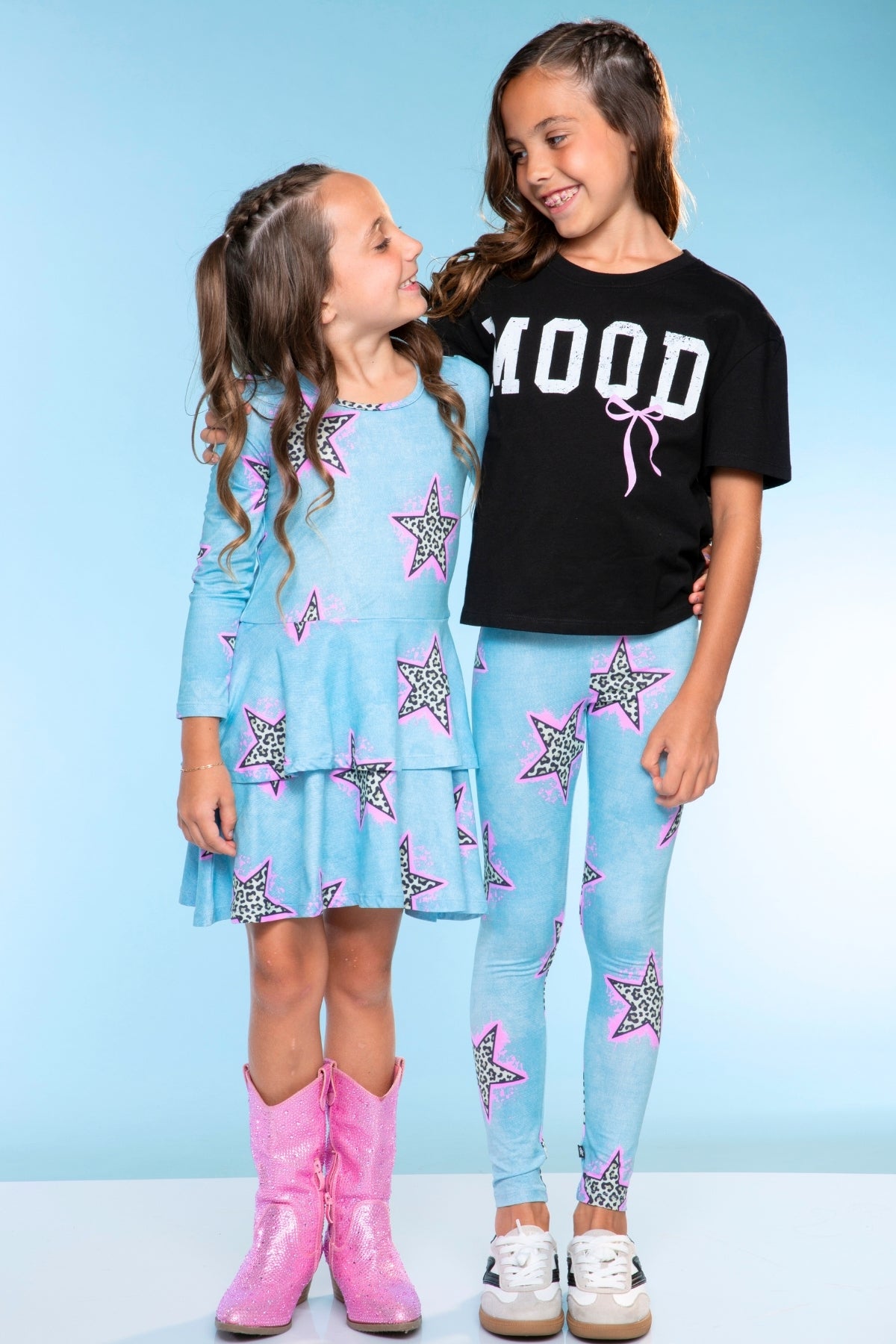 Simply Soft Long Sleeve Ruffle Skirt Dress - Pink Grey Tie Dye Stars