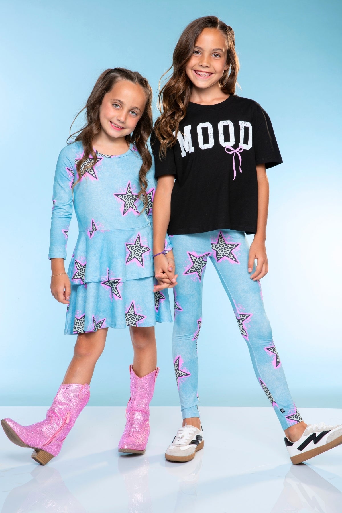 Simply Soft Long Sleeve Ruffle Skirt Dress - Pink Grey Tie Dye Stars
