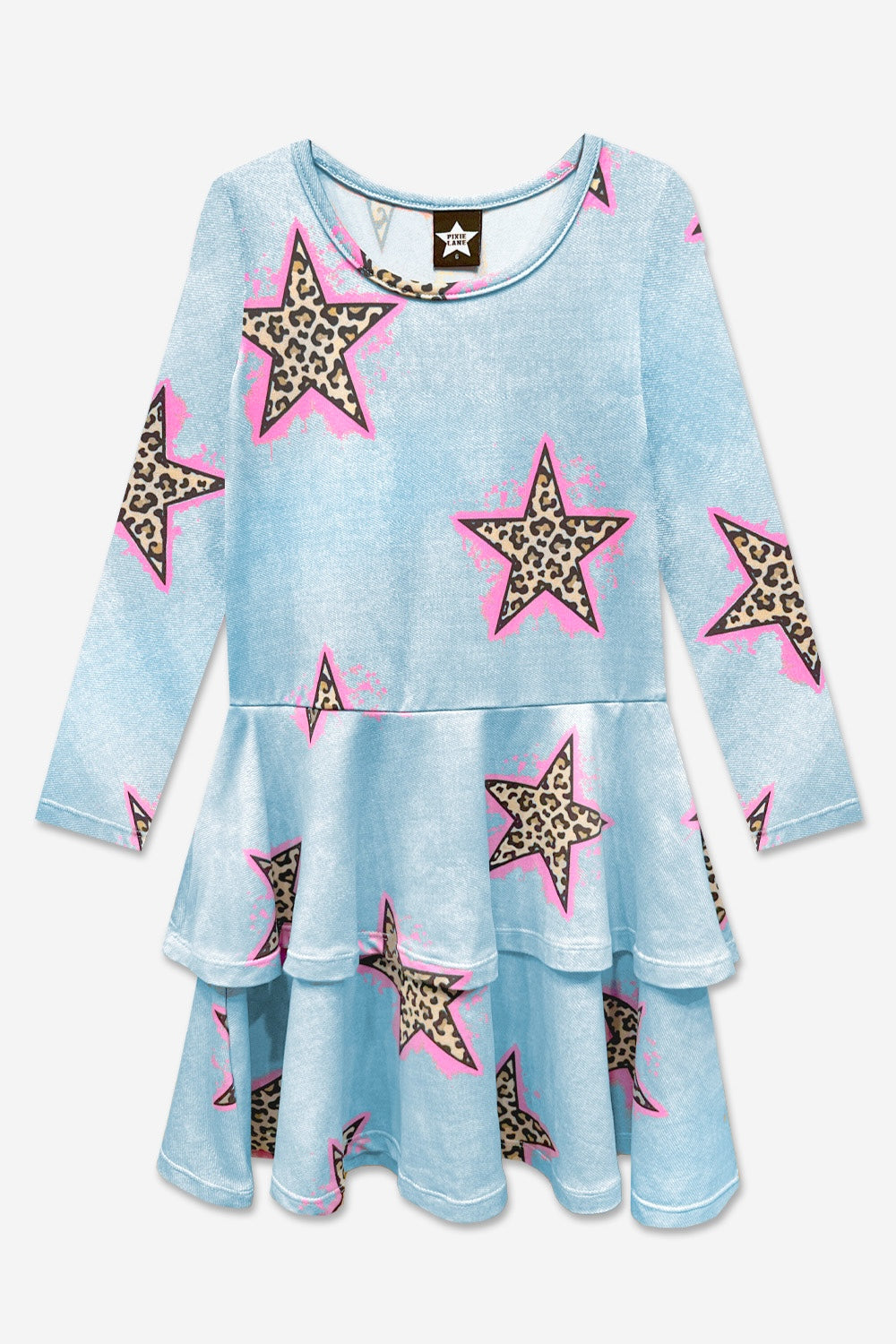 Simply Soft Long Sleeve Ruffle Skirt Dress - Pink Grey Tie Dye Stars