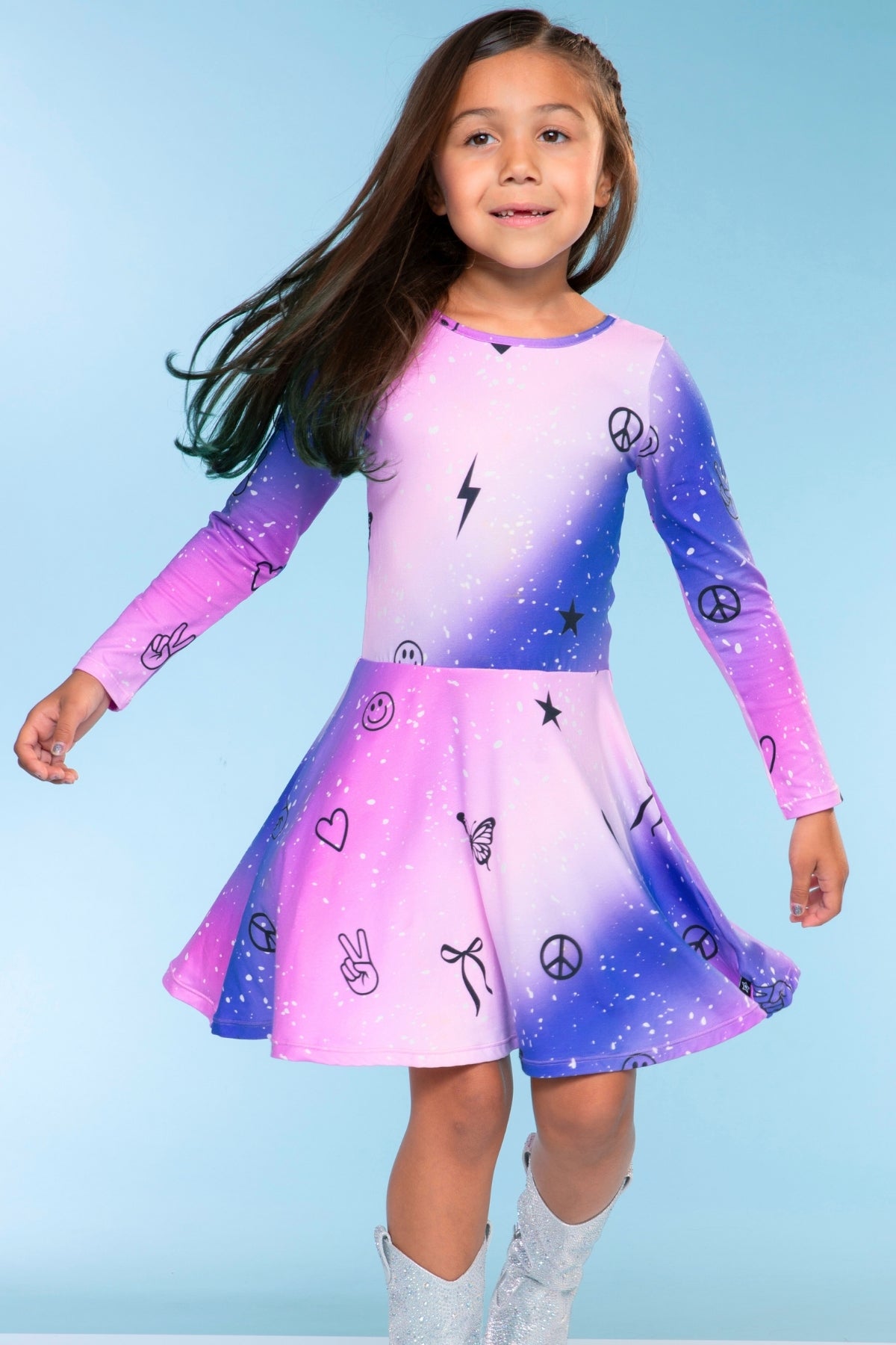 Simply Soft Long Sleeve Skater Dress - Black Tie Dye Rainbow Icons