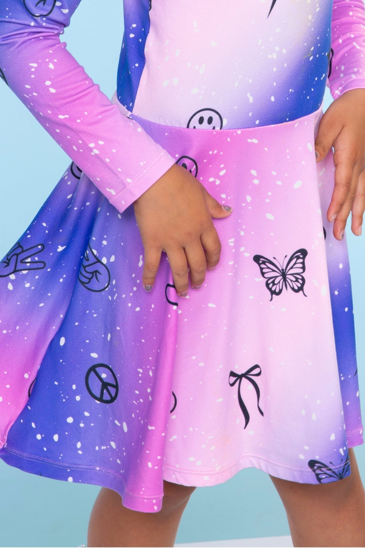 Simply Soft Long Sleeve Skater Dress - Black Tie Dye Rainbow Icons