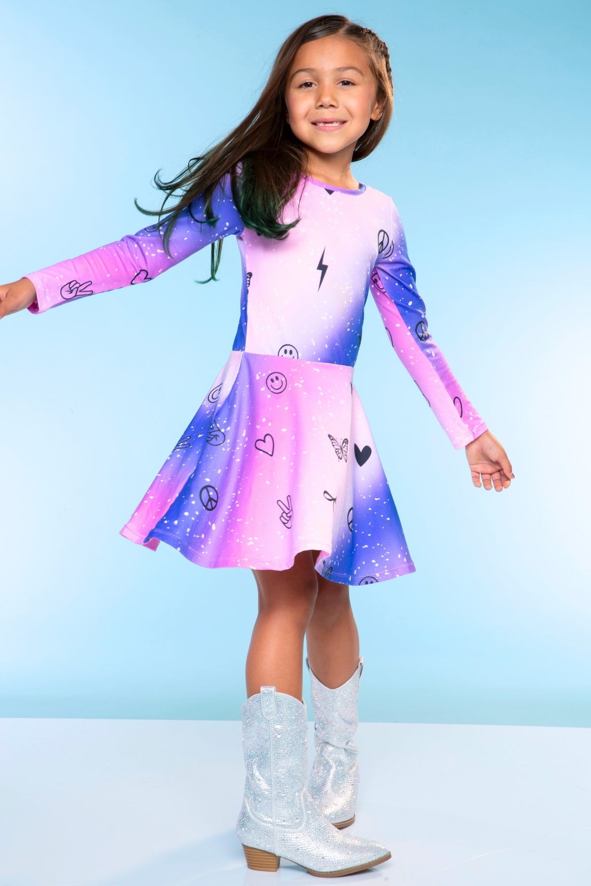 Simply Soft Long Sleeve Skater Dress - Black Tie Dye Rainbow Icons