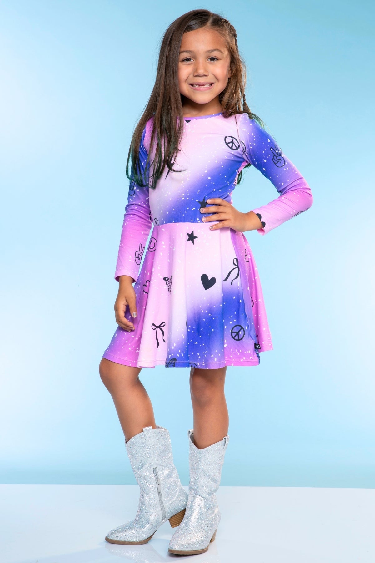 Simply Soft Long Sleeve Skater Dress - Black Tie Dye Rainbow Icons