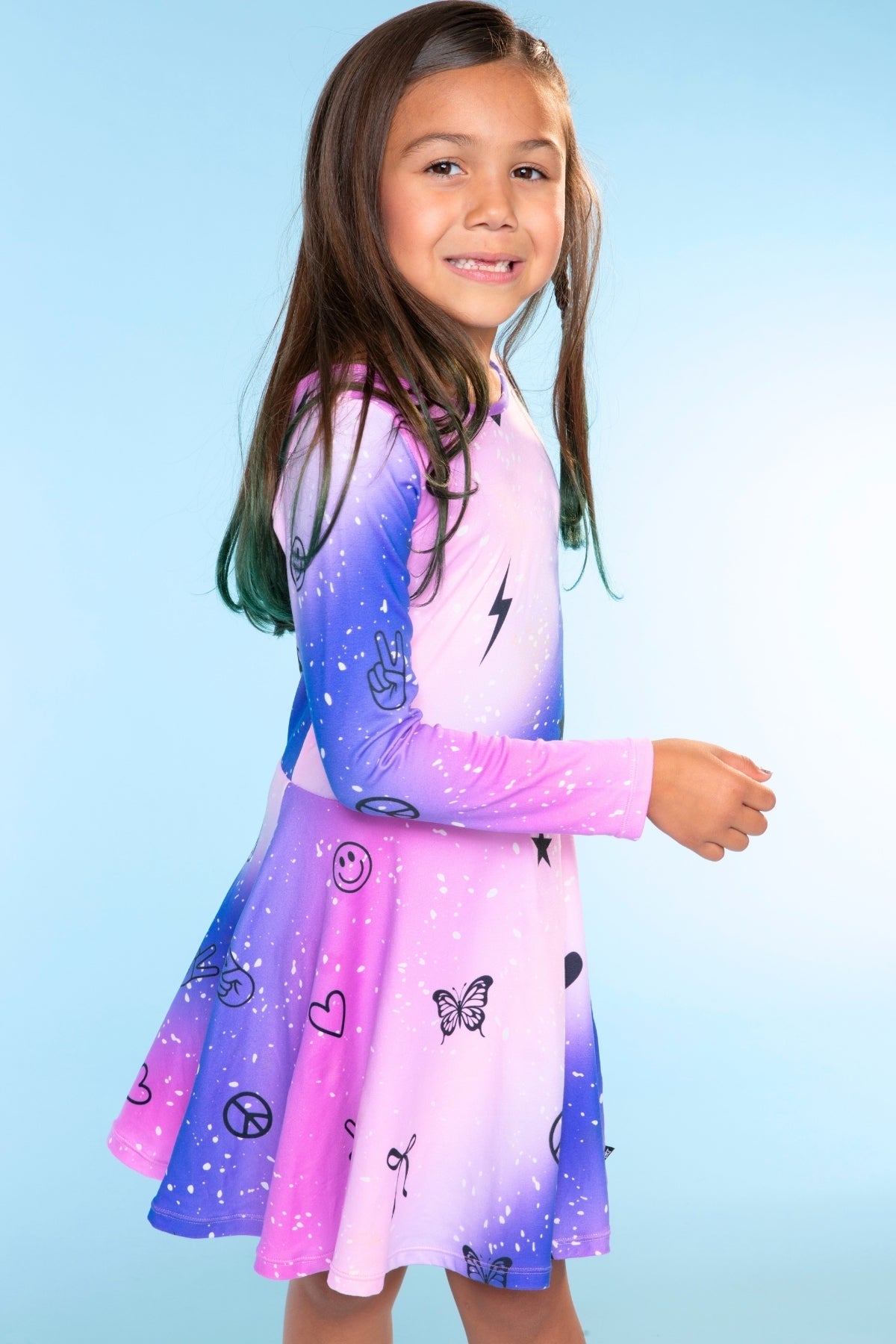 Simply Soft Long Sleeve Skater Dress - Black Tie Dye Rainbow Icons