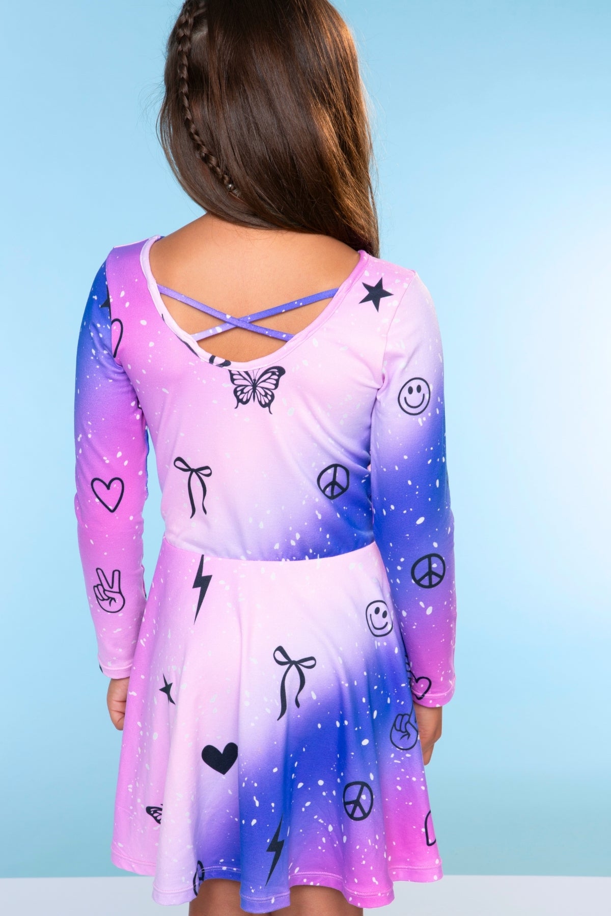 Simply Soft Long Sleeve Skater Dress - Black Tie Dye Rainbow Icons