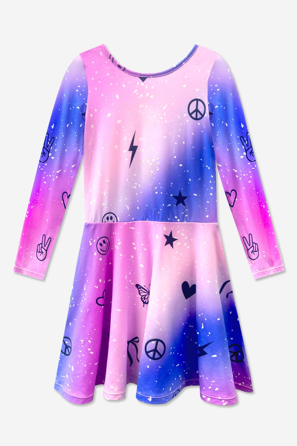 Simply Soft Long Sleeve Skater Dress - Black Tie Dye Rainbow Icons