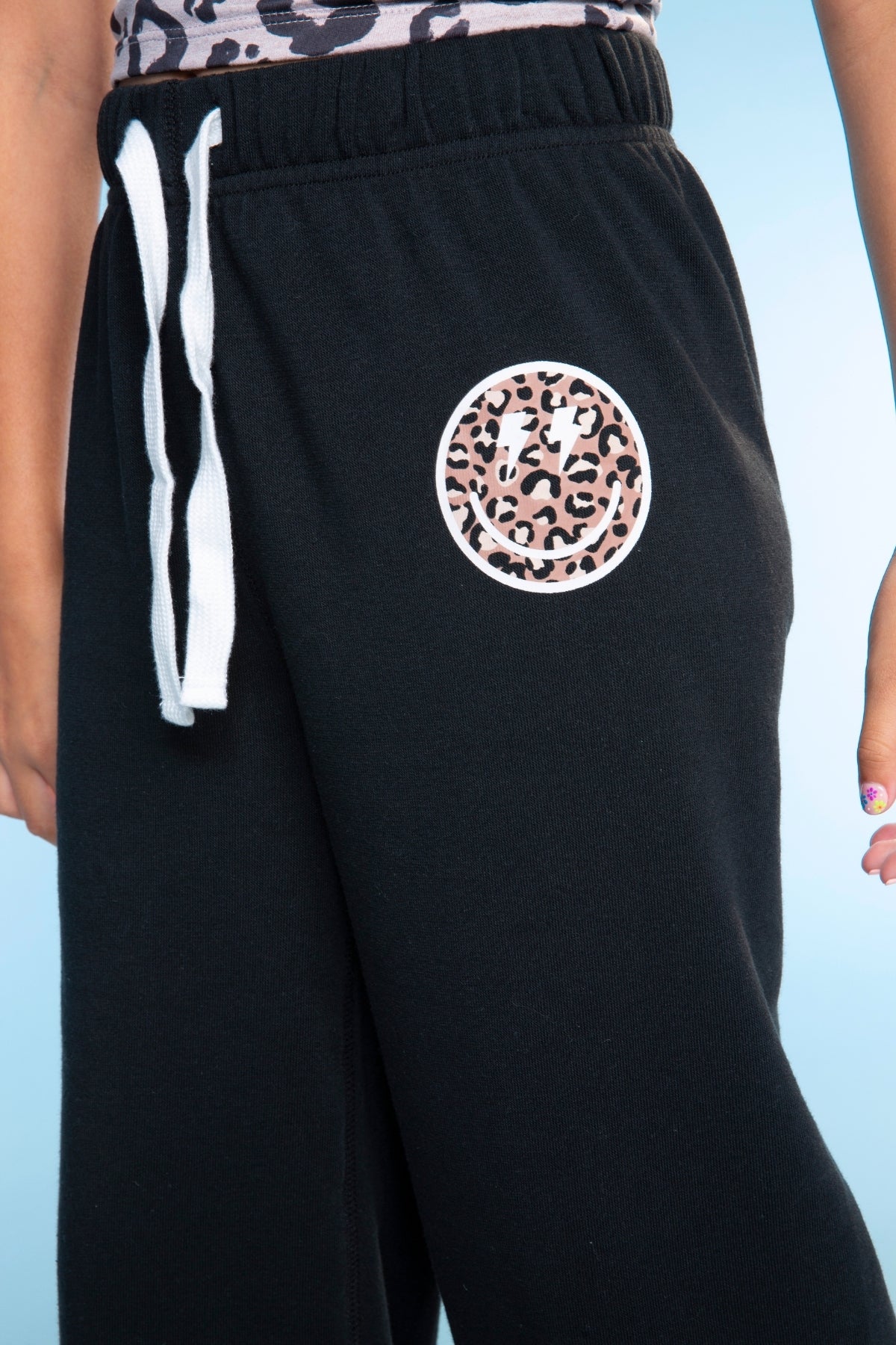 French Terry Luxe Wide Leg Sweatpant - Black Smile Leopard