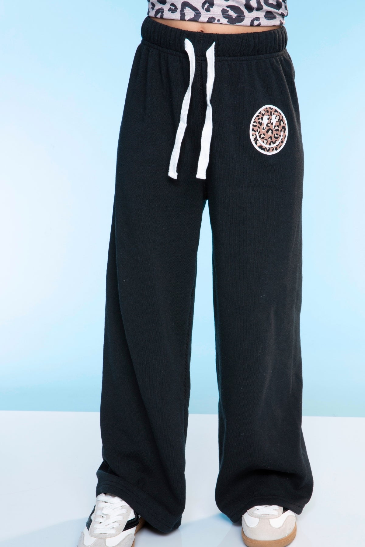 French Terry Luxe Wide Leg Sweatpant - Black Smile Leopard
