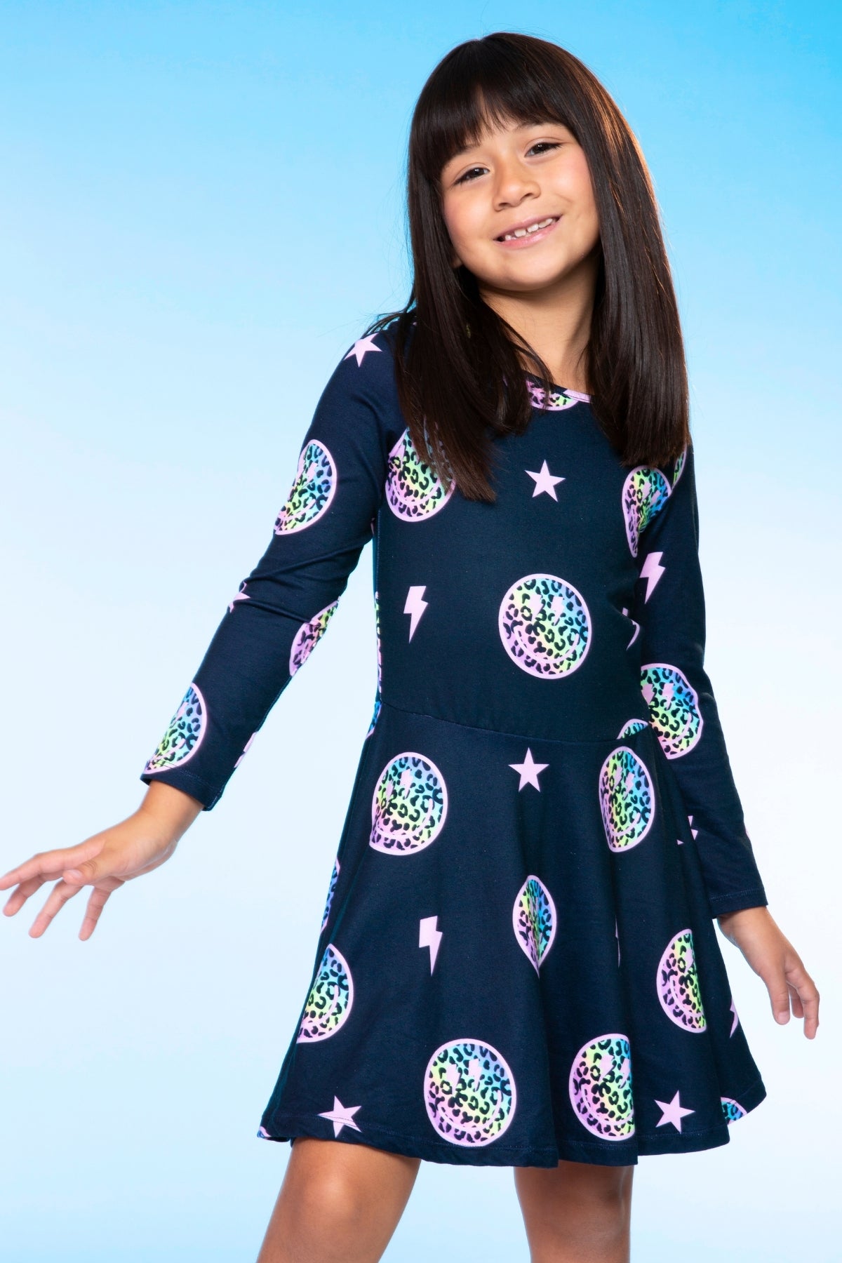 Simply Soft Long Sleeve Skater Dress - Black Tie Dye Rainbow Icons