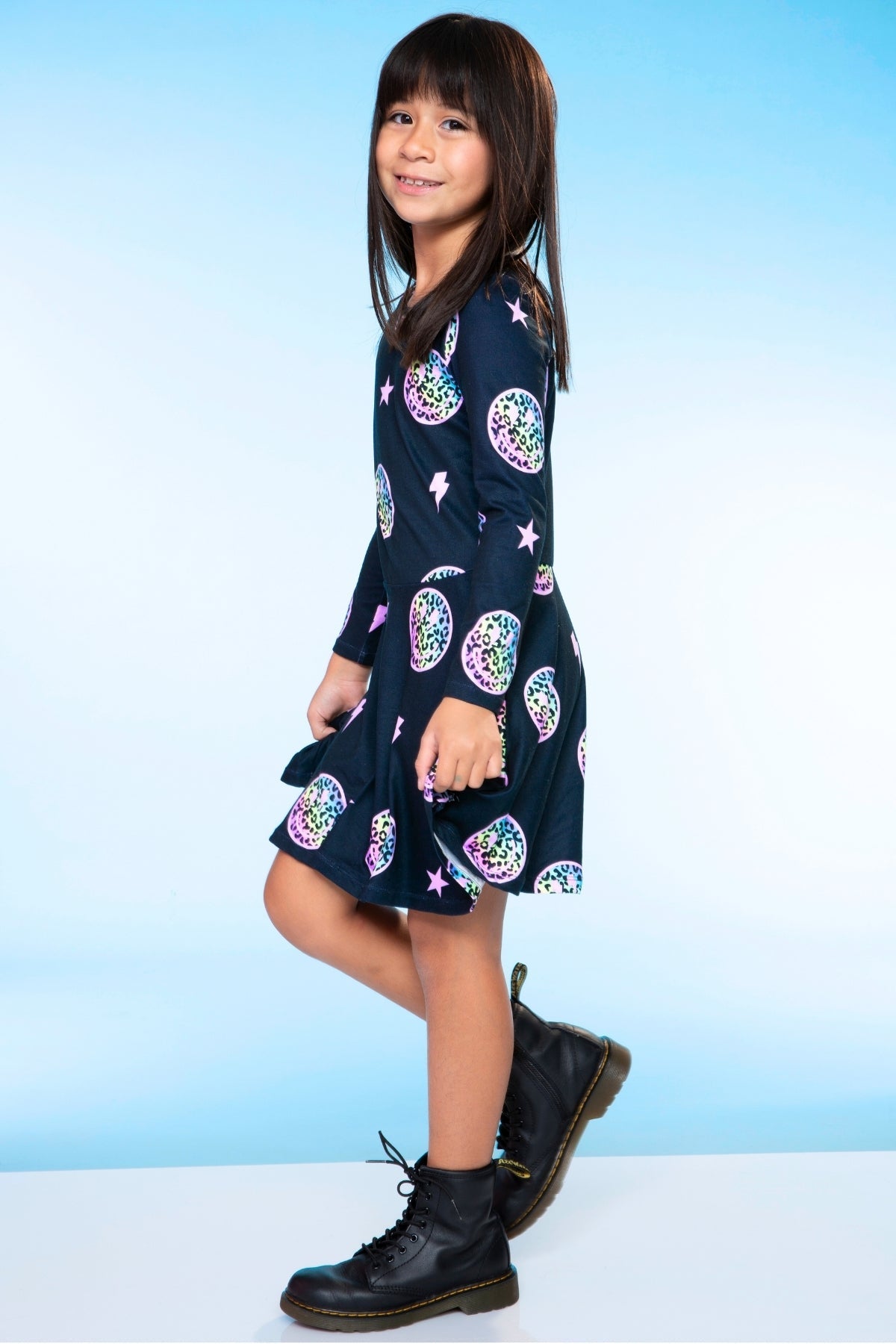 Simply Soft Long Sleeve Skater Dress - Black Tie Dye Rainbow Icons