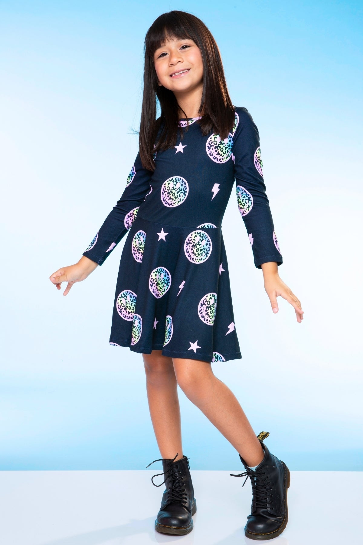 Simply Soft Long Sleeve Skater Dress - Black Tie Dye Rainbow Icons