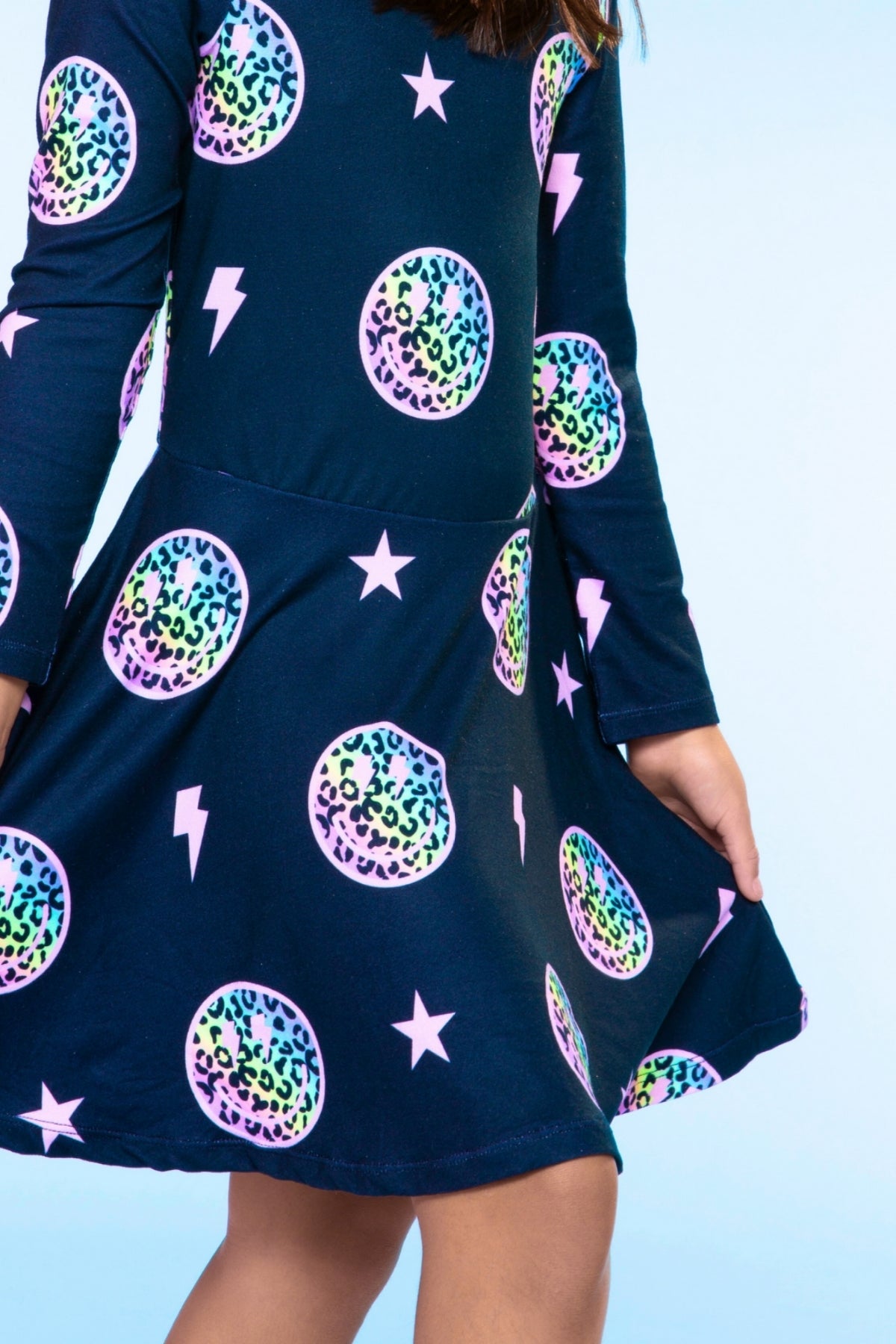 Simply Soft Long Sleeve Skater Dress - Black Tie Dye Rainbow Icons