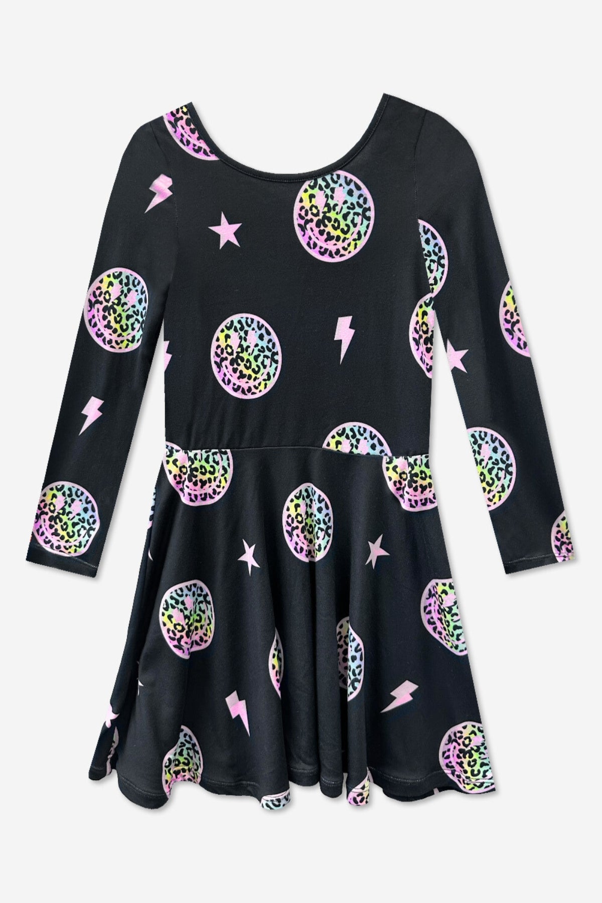 Simply Soft Long Sleeve Skater Dress - Black Tie Dye Rainbow Icons