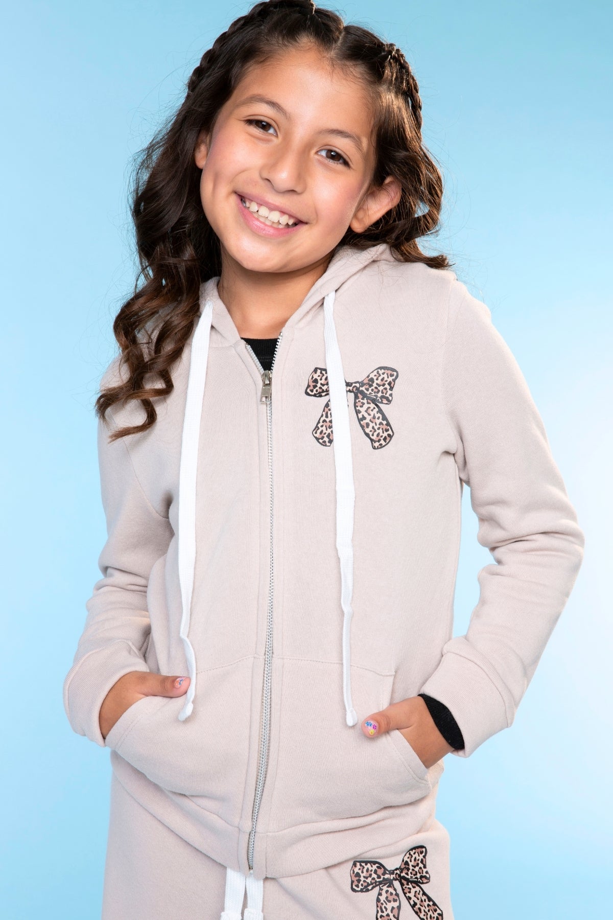Cotton Soft French Terry Easy Zip Hoodie - Latte Leopard Bow