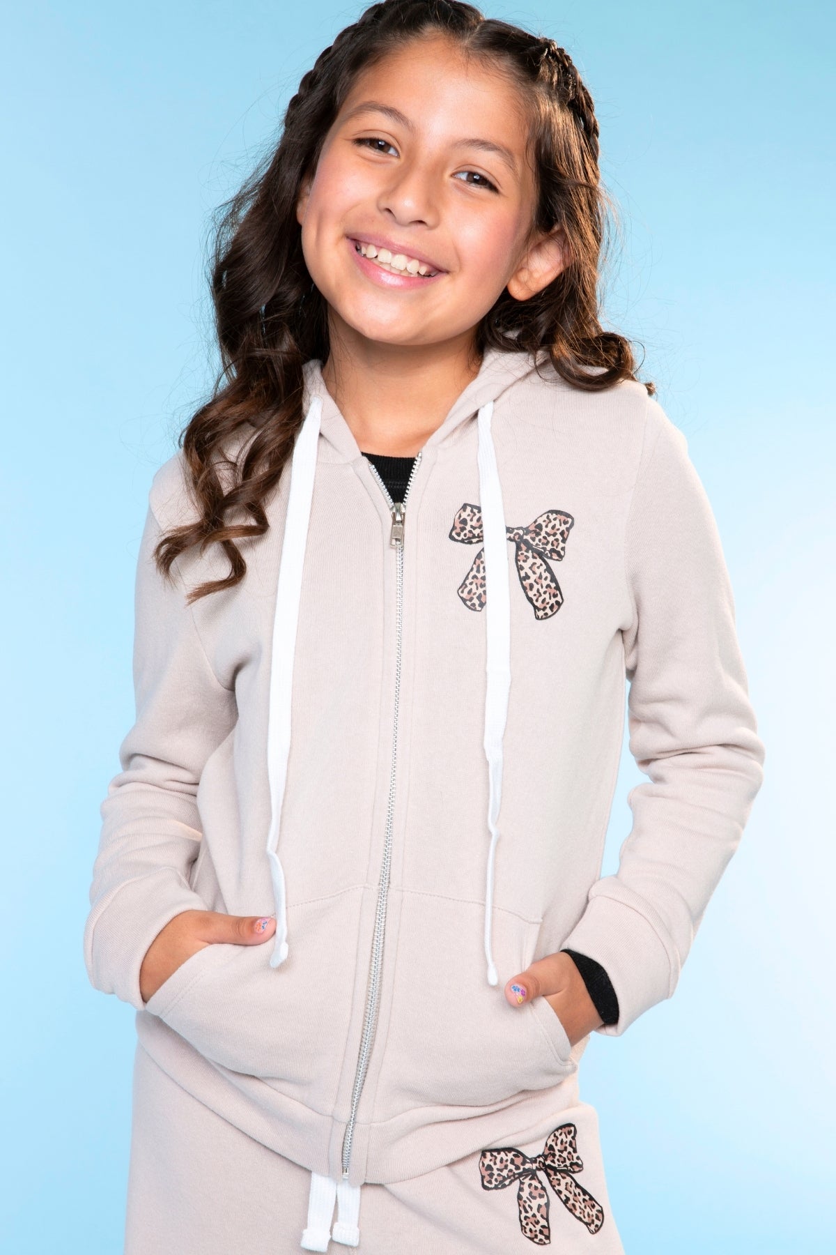 Cotton Soft French Terry Easy Zip Hoodie - Latte Leopard Bow