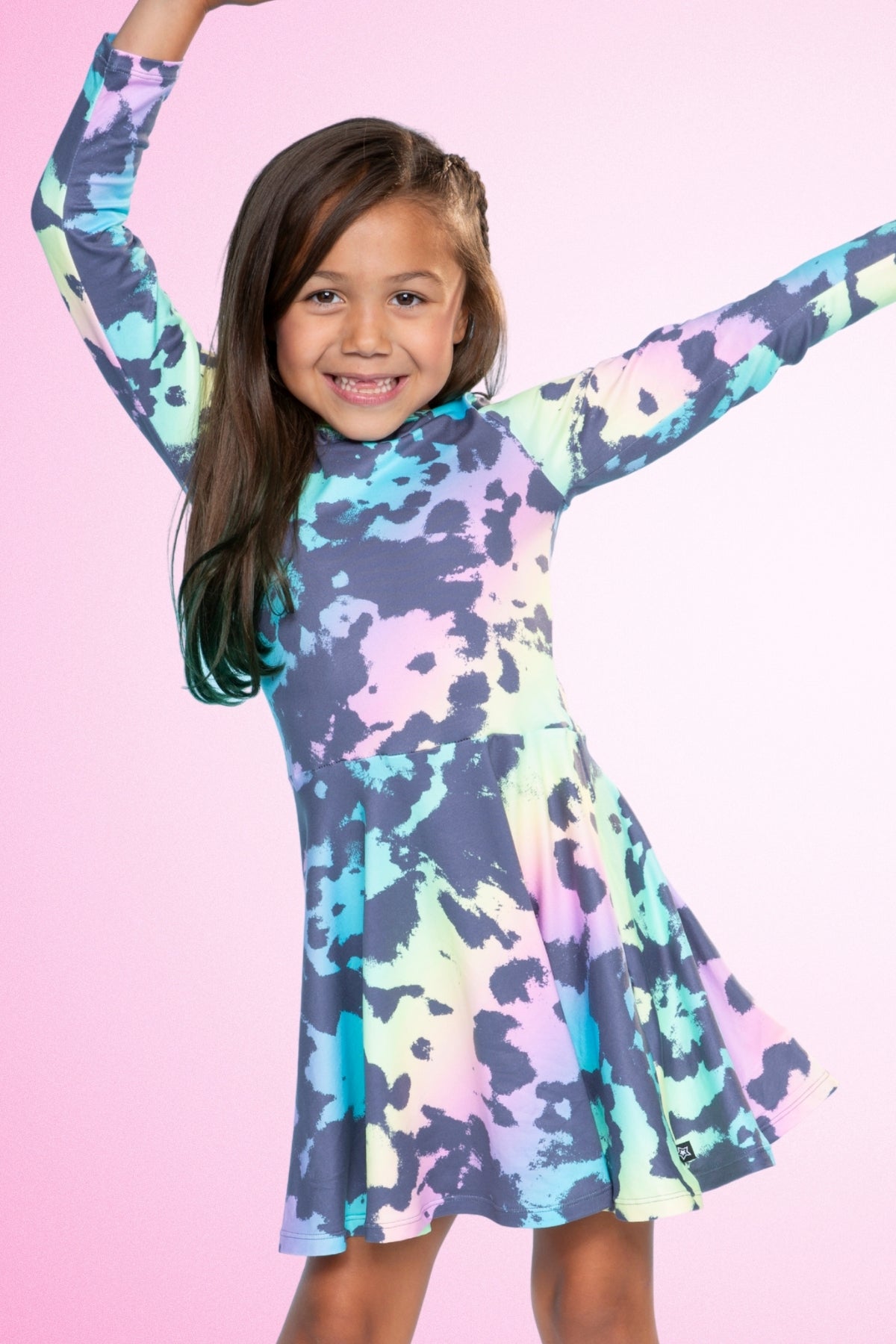 Simply Soft Long Sleeve Skater Dress - Black Tie Dye Rainbow Icons