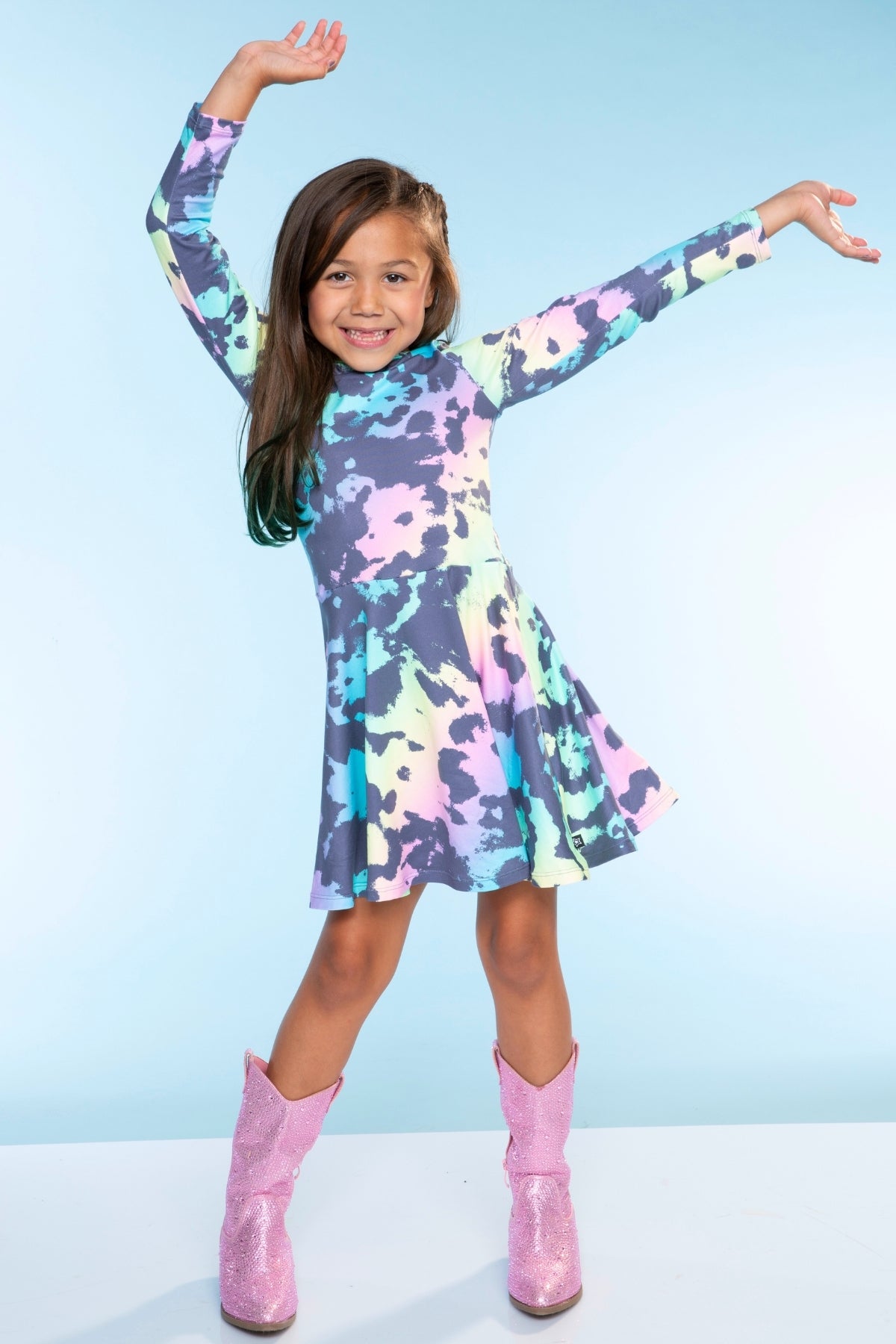 Simply Soft Long Sleeve Skater Dress - Black Tie Dye Rainbow Icons