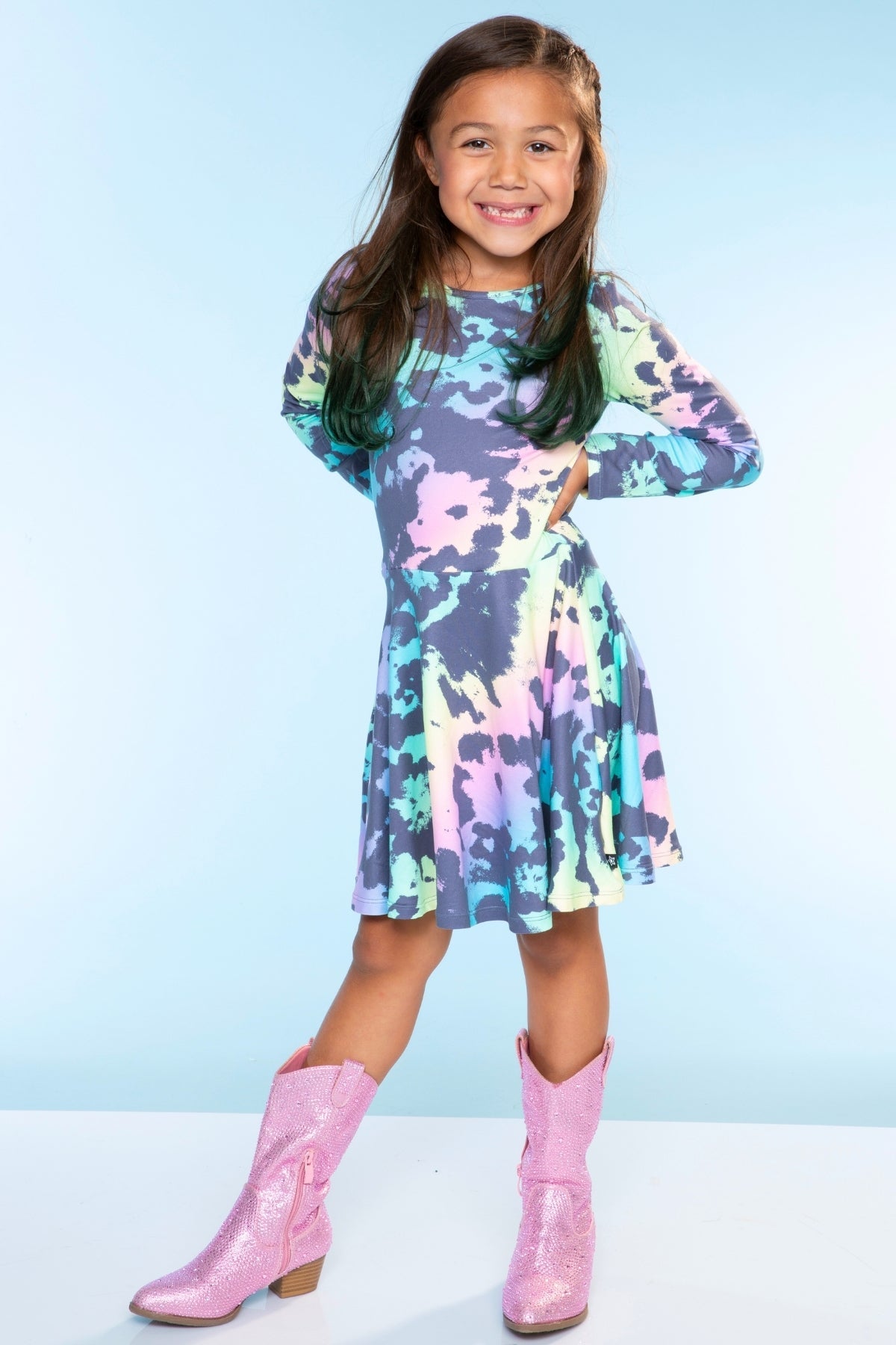 Simply Soft Long Sleeve Skater Dress - Black Tie Dye Rainbow Icons